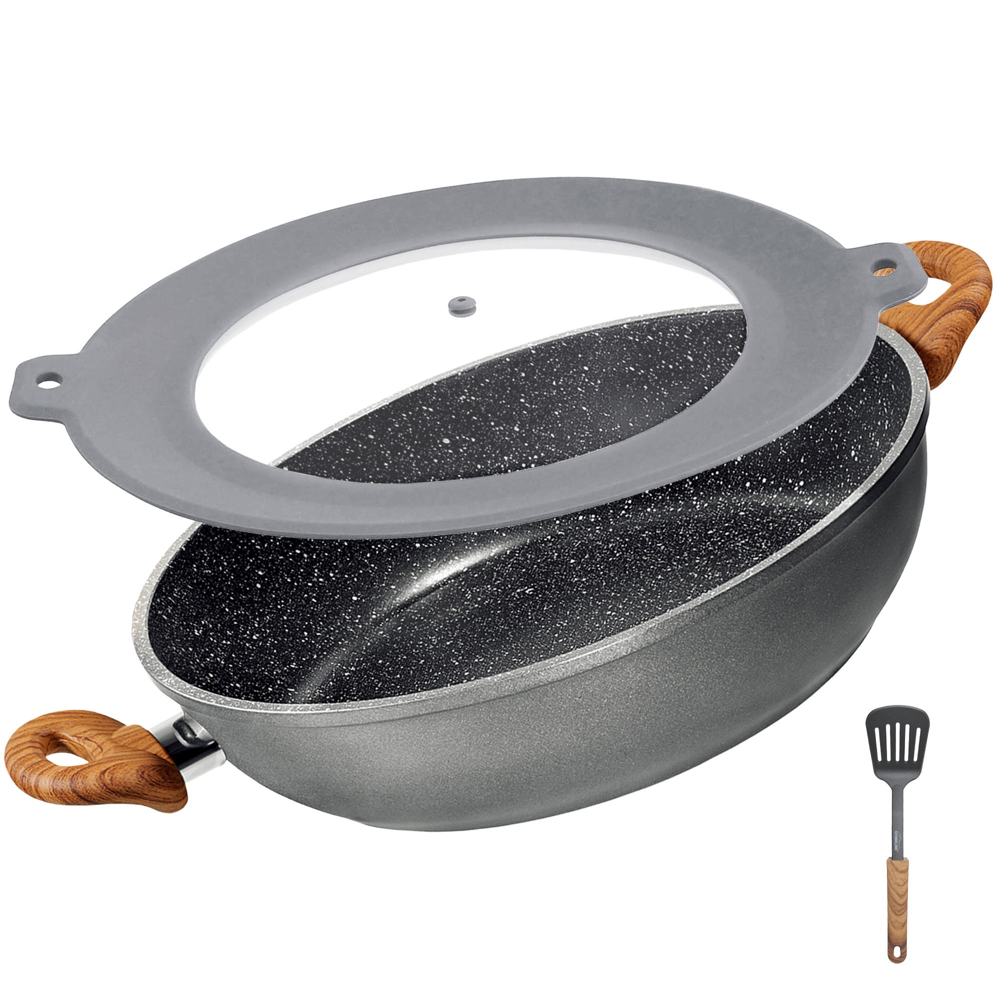 Tegame con Maniglie Padella Alta 28 cm | con Coperchio - Effetto Legno