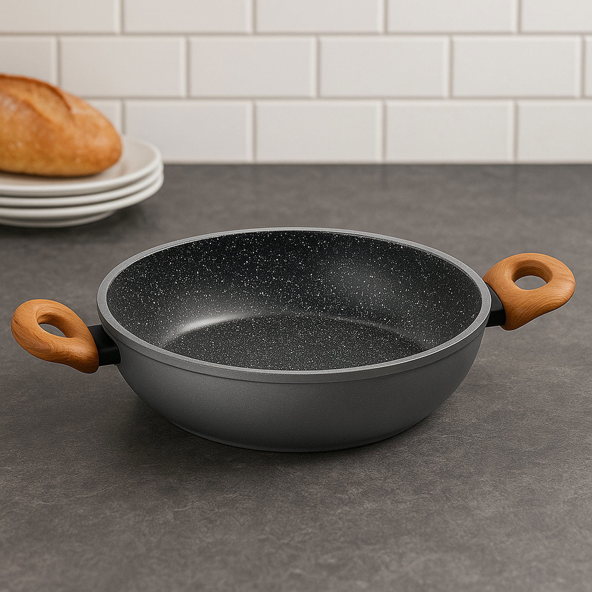 Sartén Honda 2 Asas 24 cm | con Tapa - Efecto Madera