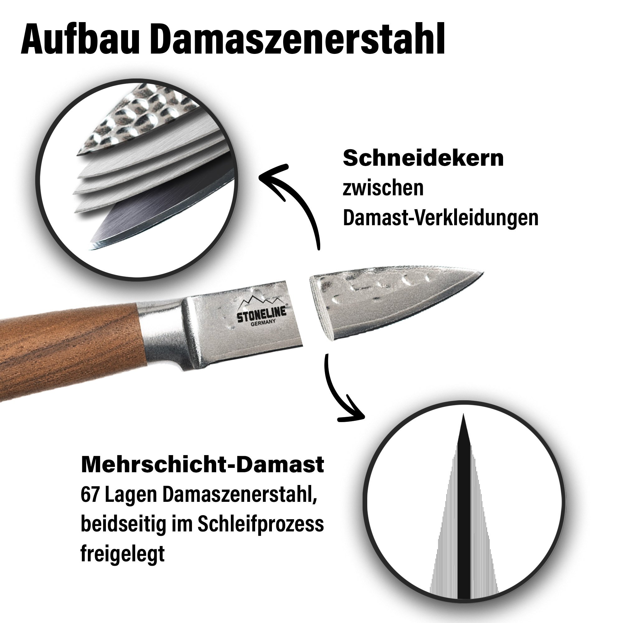 STONELINE® Couteau à éplucher 20 cm en acier martelé Damas, boîte de rangement en bois