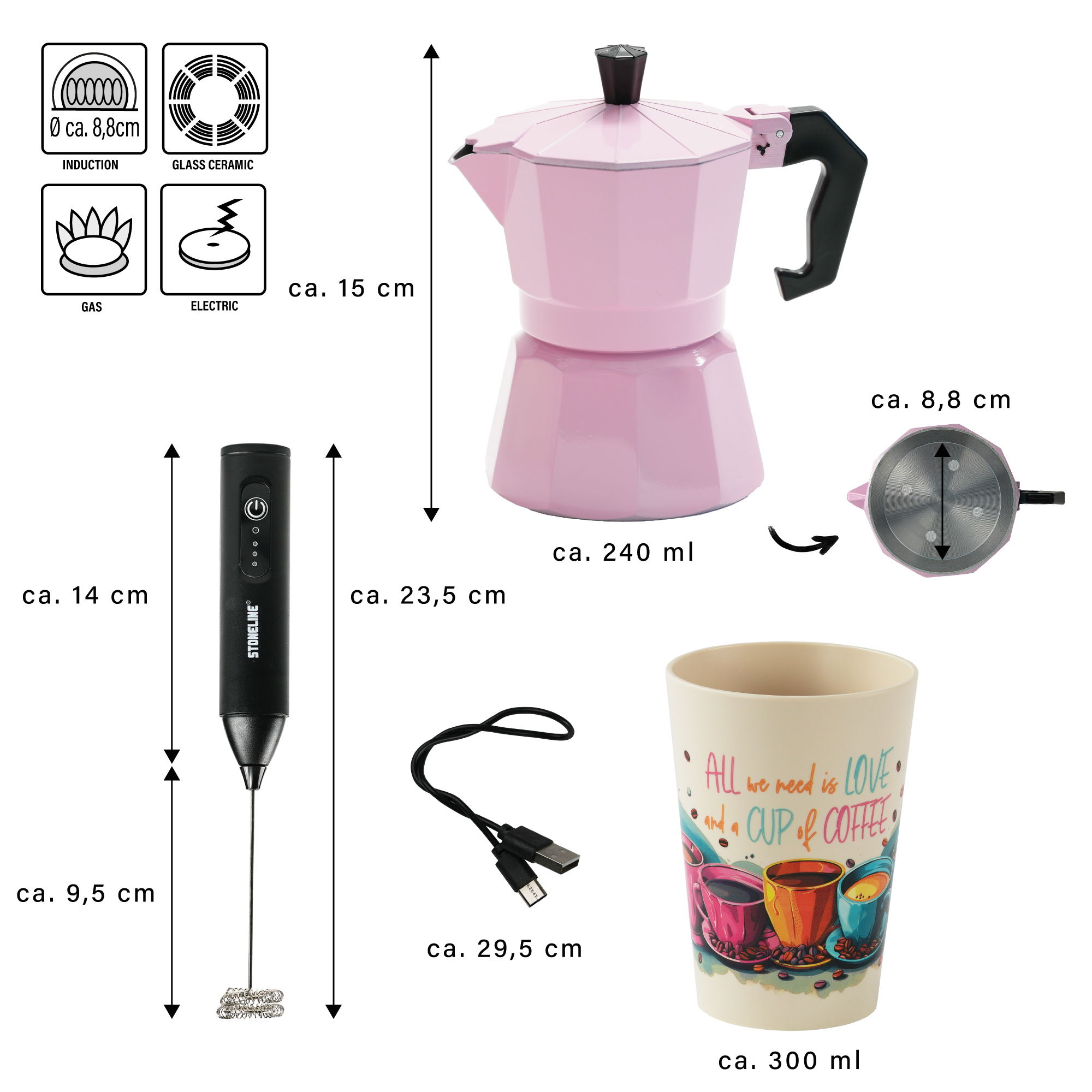 Cafetera Italiana 240 ml Juego 4 Piezas | Rosa