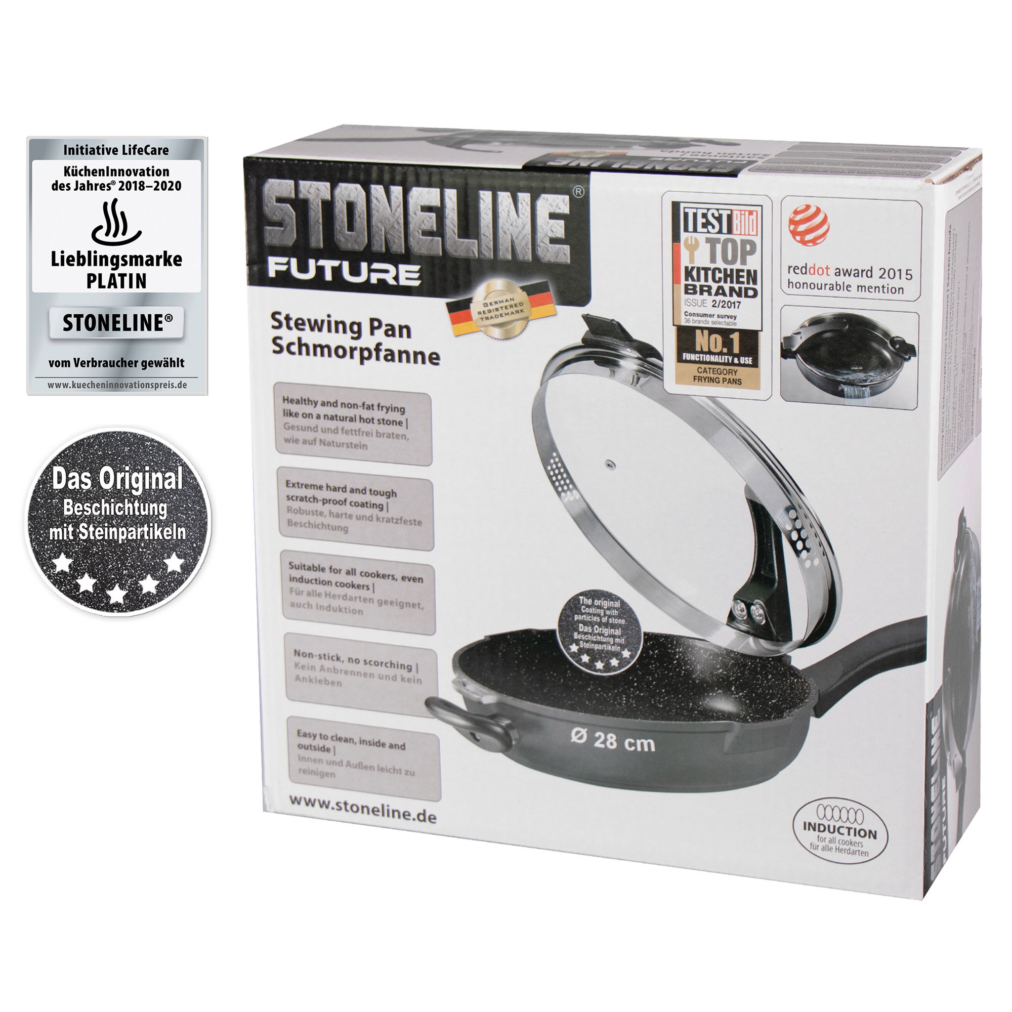 STONELINE® FUTURE Schmorpfanne 28 cm, mit Siebglasdeckel, antihaftbeschichtetet, Induktion und backofengeeignet