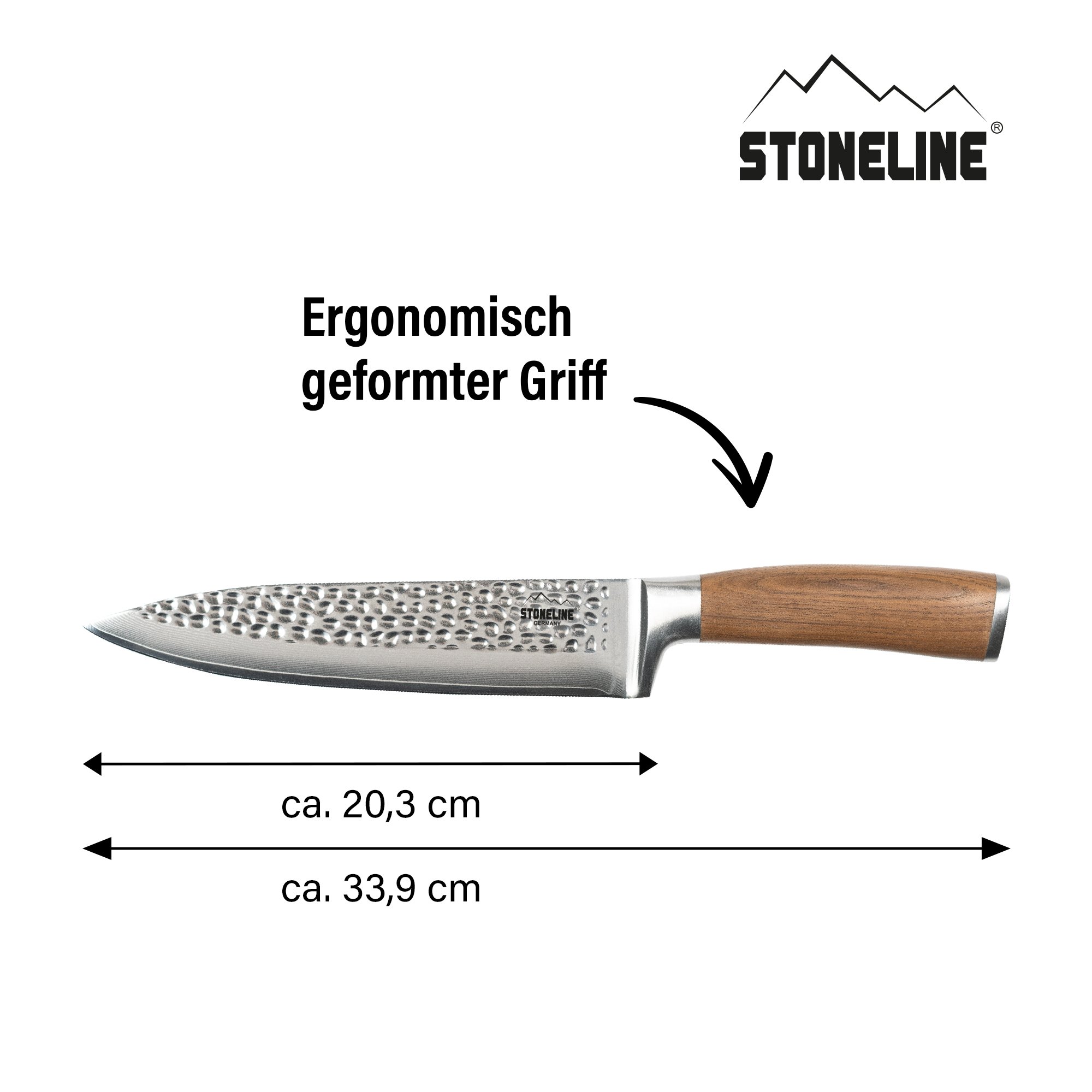 STONELINE® couteau de chef martelé 34 cm, en acier damassé