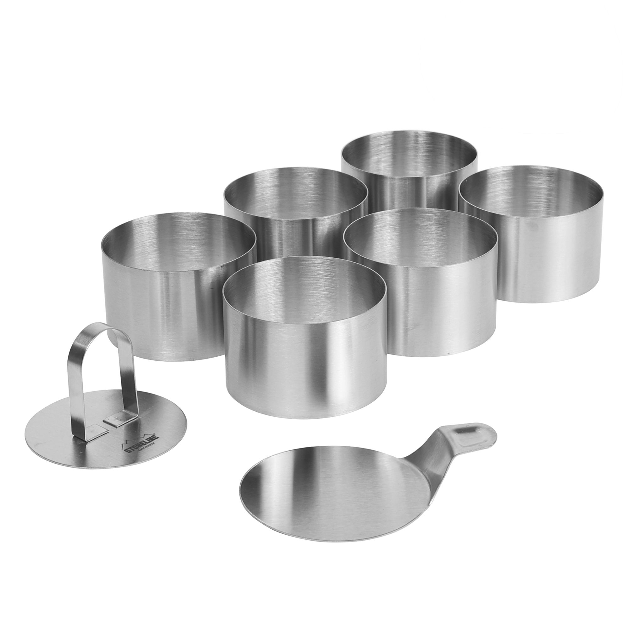 STONELINE® Set di anelli per dolci e alimenti, 8 pezzi, acciaio inox, 6 anelli, 1 sollevatore, 1 punzone, rotondo