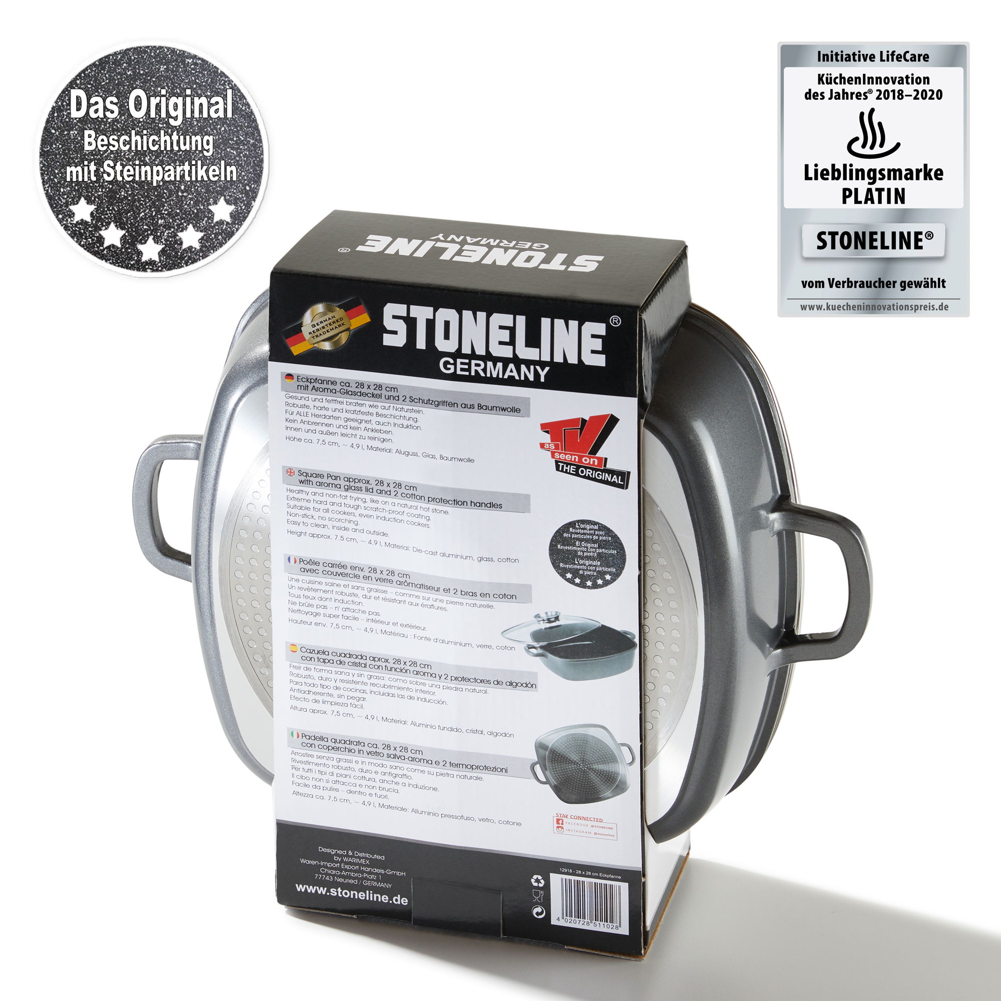 STONELINE® Imagination PLUS Sartén 28 cm - asas extraíbles y tapa de cristal