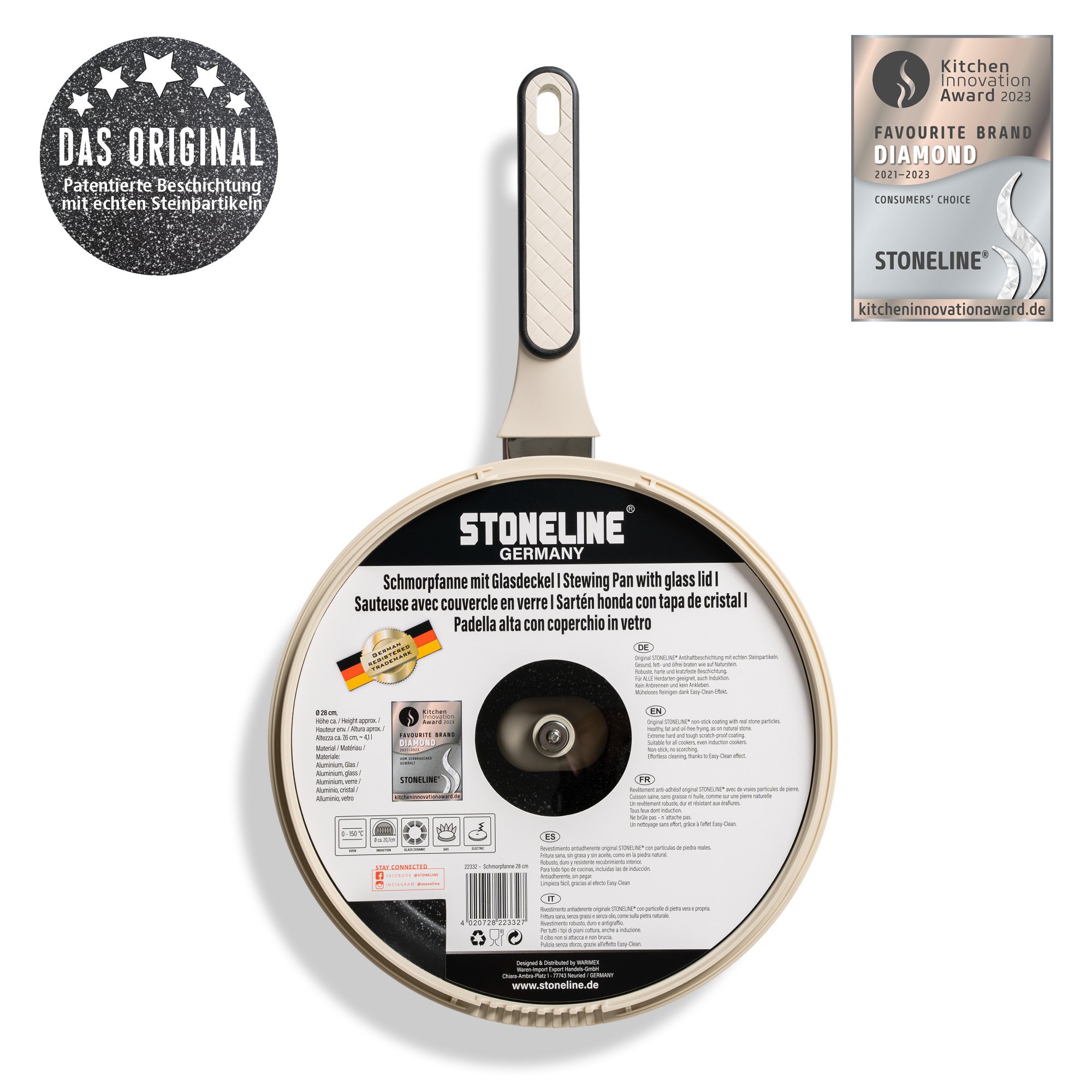 STONELINE® Deep Frying Pan 28 cm, with Lid, Large Non-Stick Pan | cream