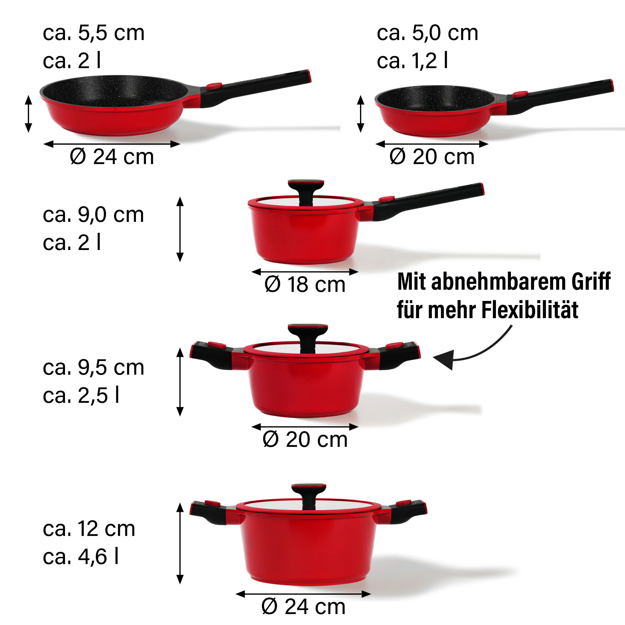 Cookware Set of 8 18/20/24 Red Removable Handle | with Lids