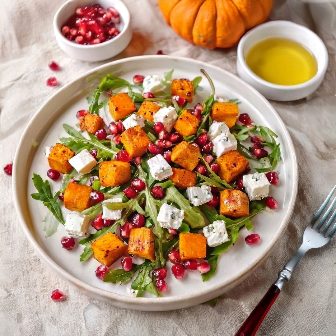 Insalata autunnale di zucca e feta con semi di melograno