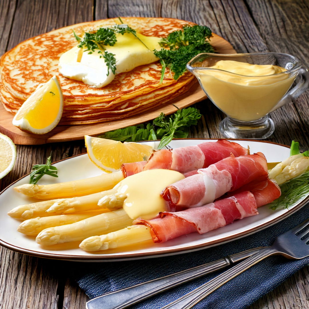 Crepes con Espárragos, Jamón y Salsa Holandesa