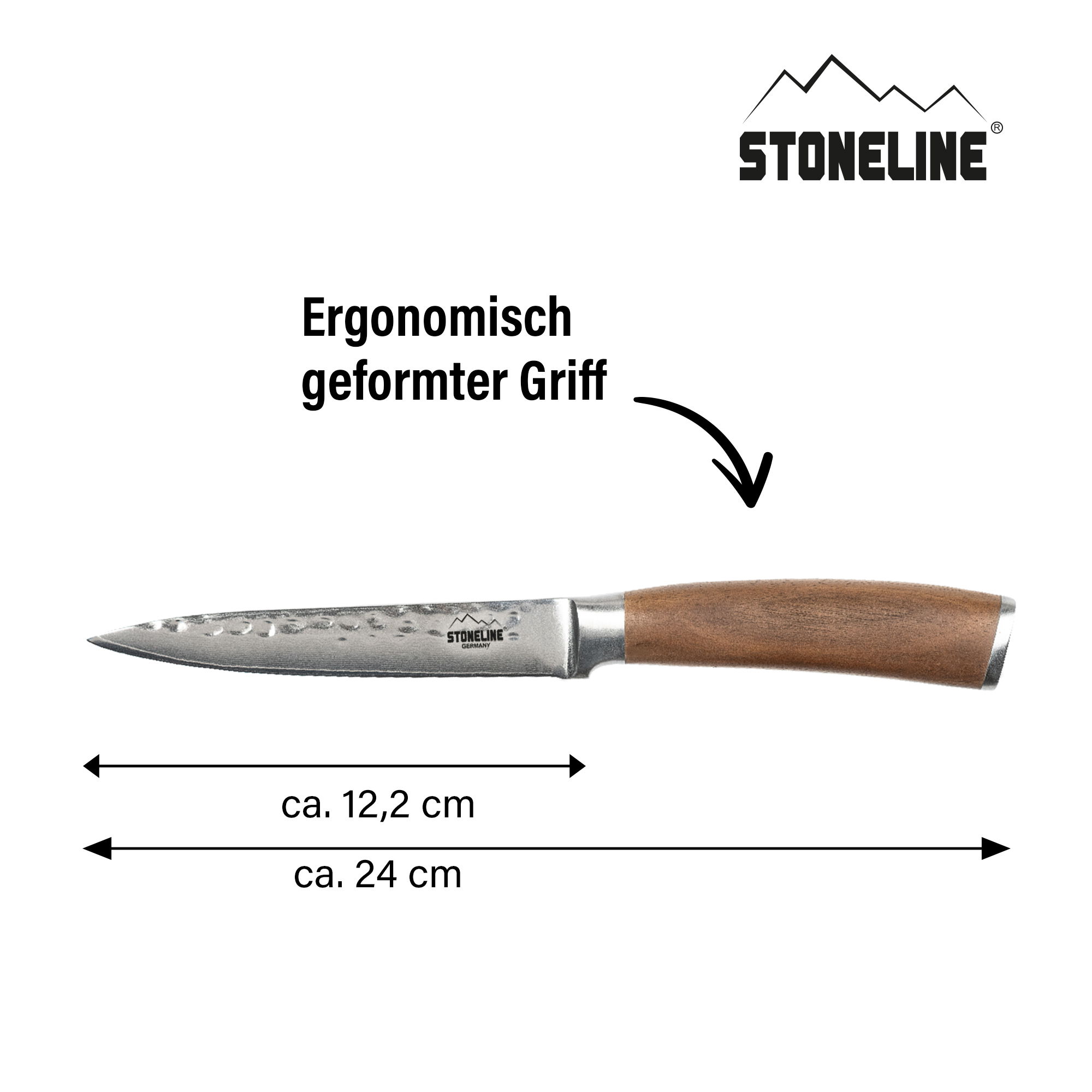 STONELINE® Coltello Universale in Acciaio Damasco 24 cm, Lama Martellata 67 Strati