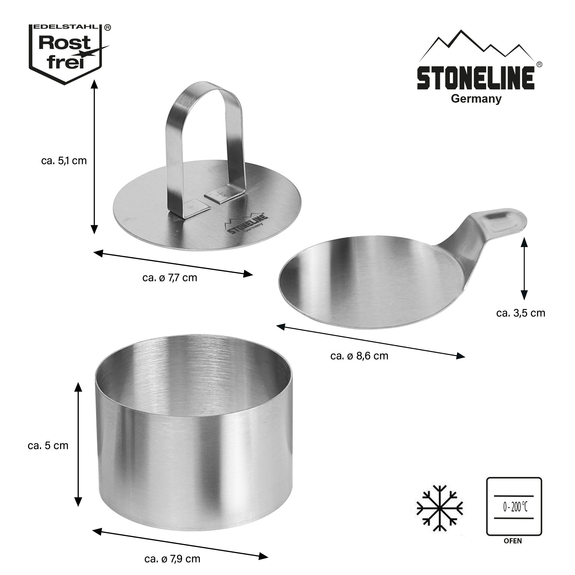STONELINE® 8 pc Food Rings Set with Spatula & Food Press, Stainless Steel | Round