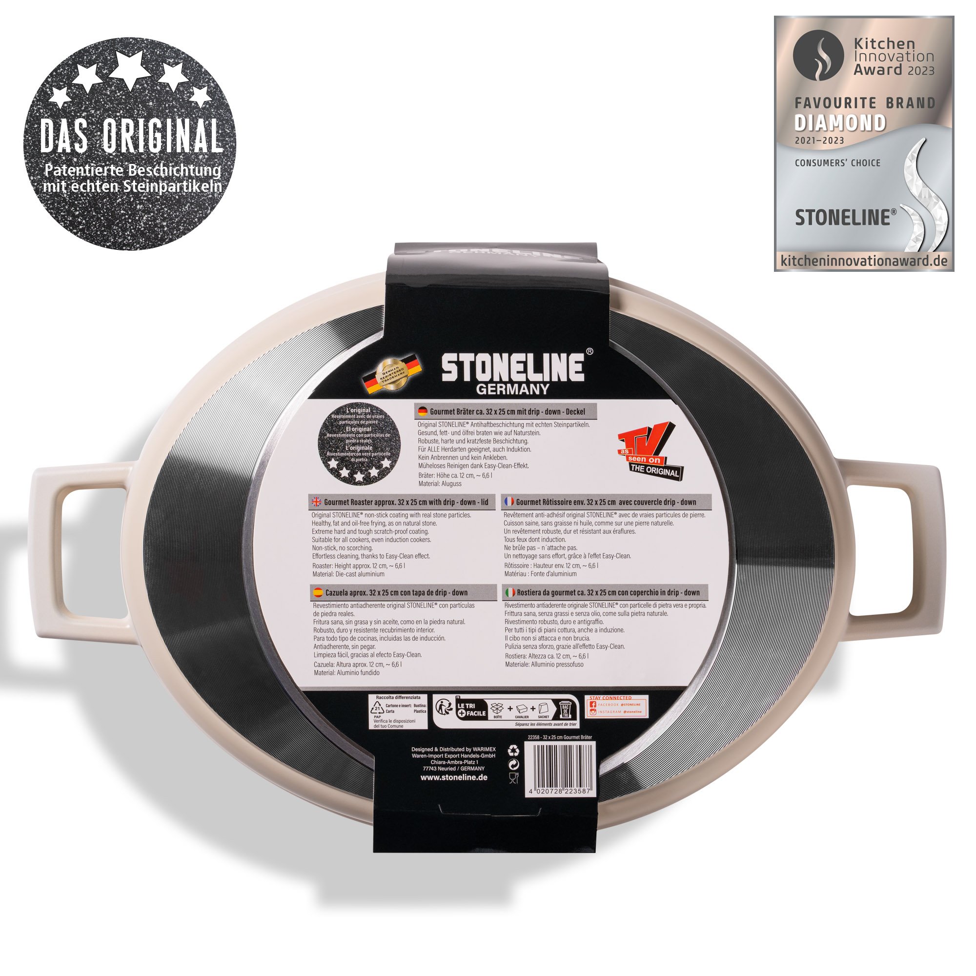 STONELINE® Crema Gourmet asador 32x25 cm con tapa, apto para horno e inducción, antiadherente