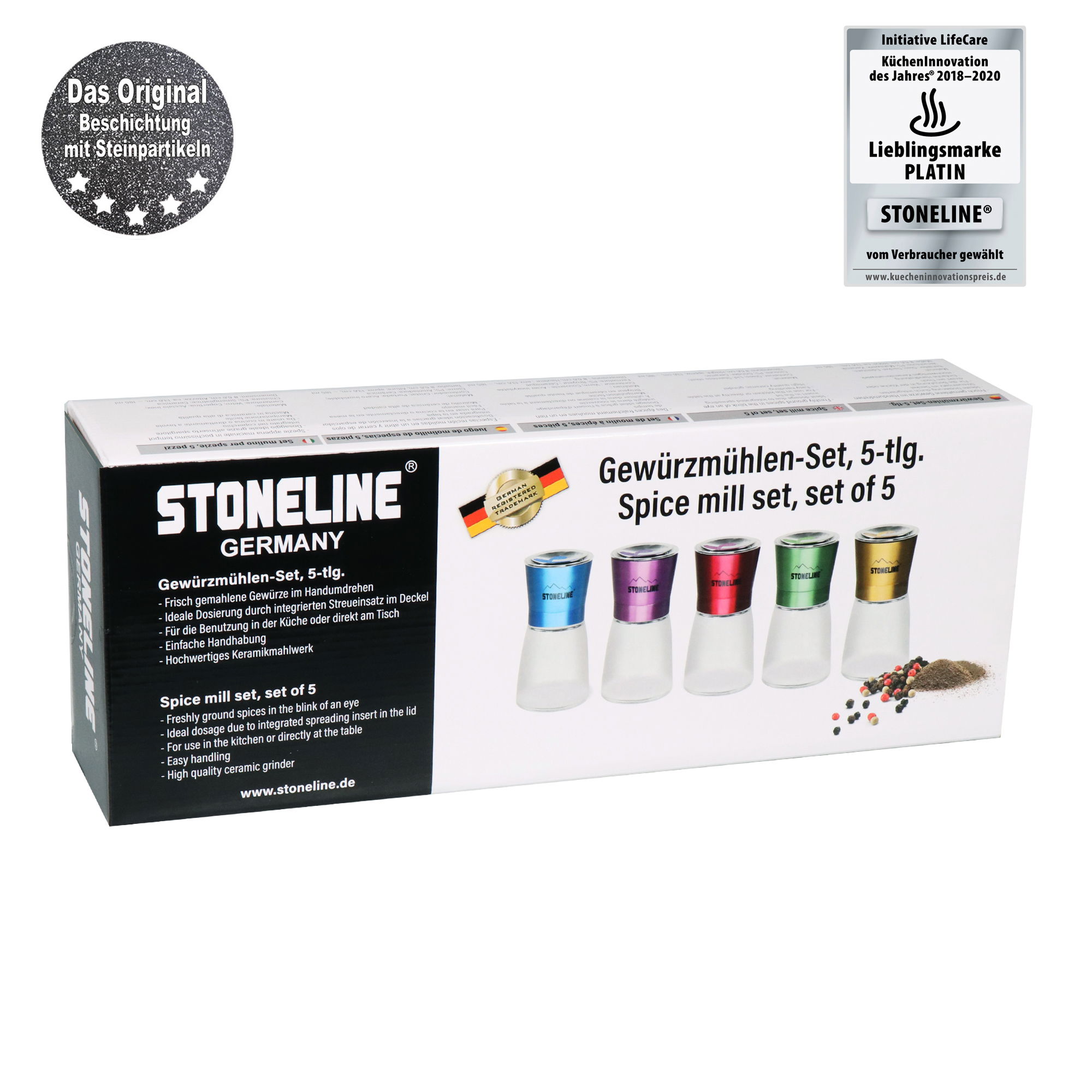 Salt and pepper mill set | 5-piece colorful