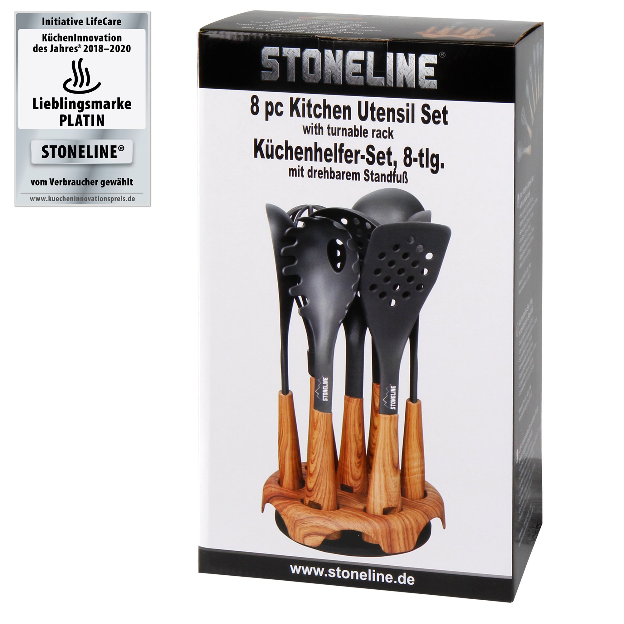 STONELINE® Back to Nature Set d'ustensiles de cuisine, 8 pièces, dans un support de rangement pivotant