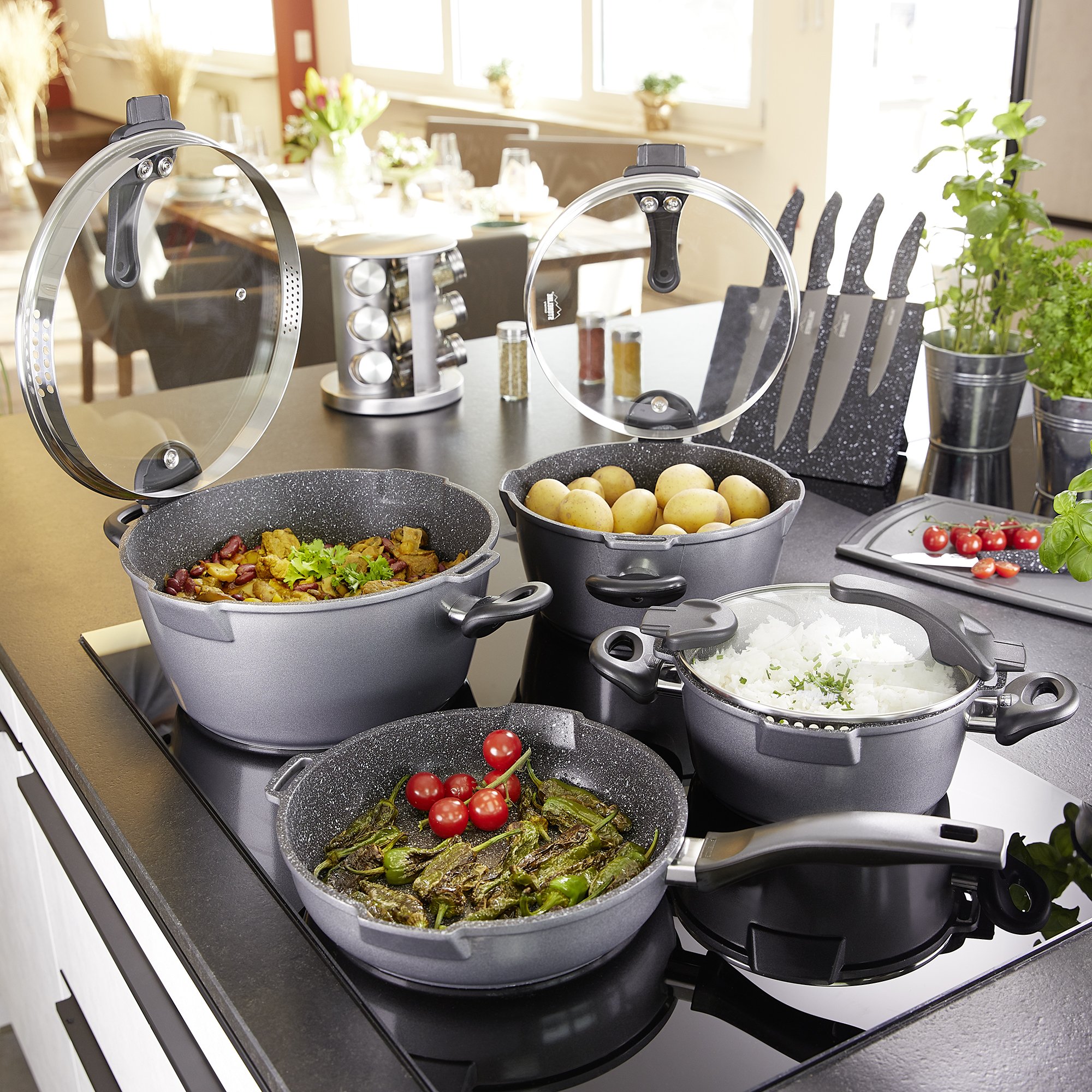 STONELINE® 8 pc Cookware Set, Strainer Lids, Spouts, Non-Stick Pots & Pans | FUTURE