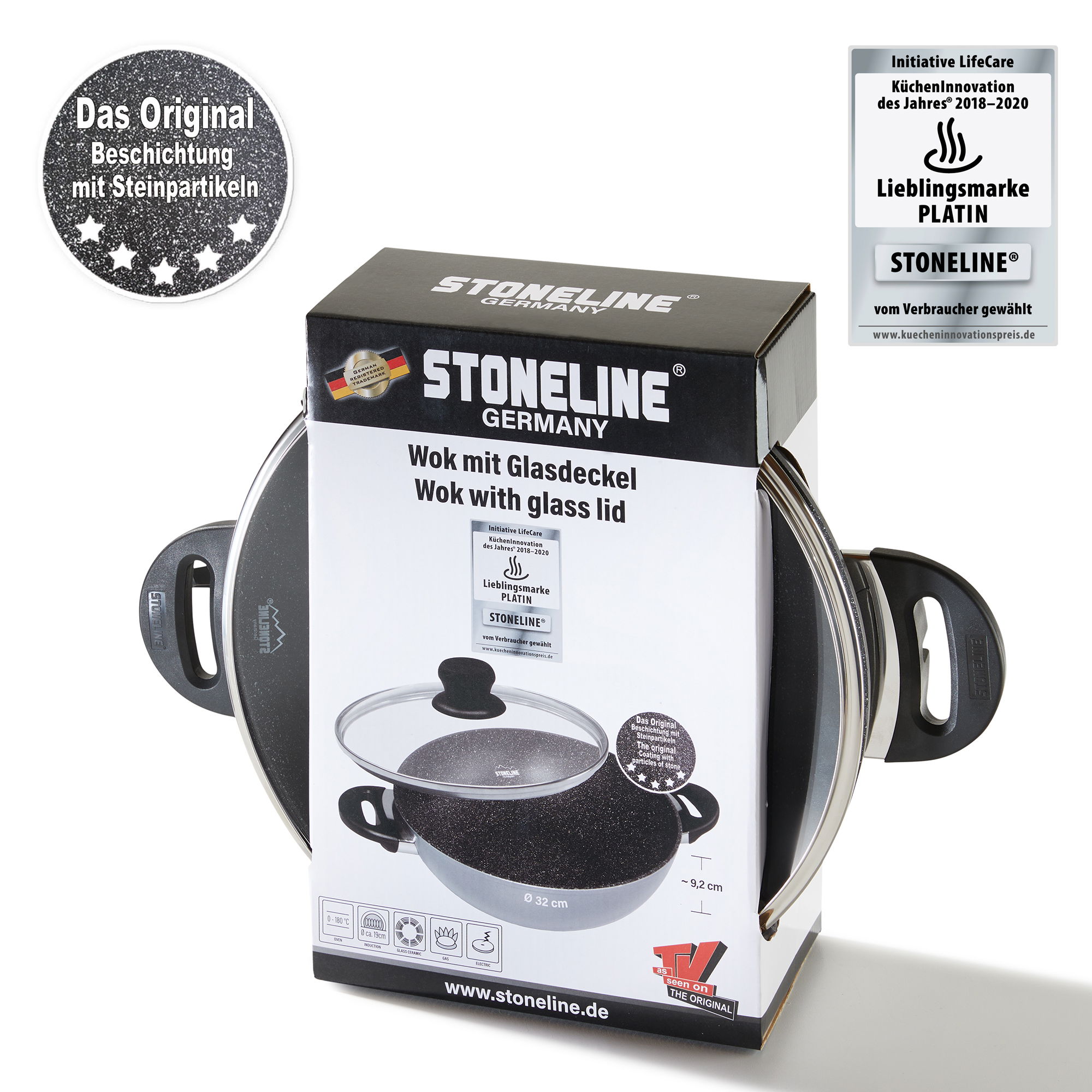 STONELINE® Wok 32 cm, con Coperchio, Padella Antiaderente | CLASSIC