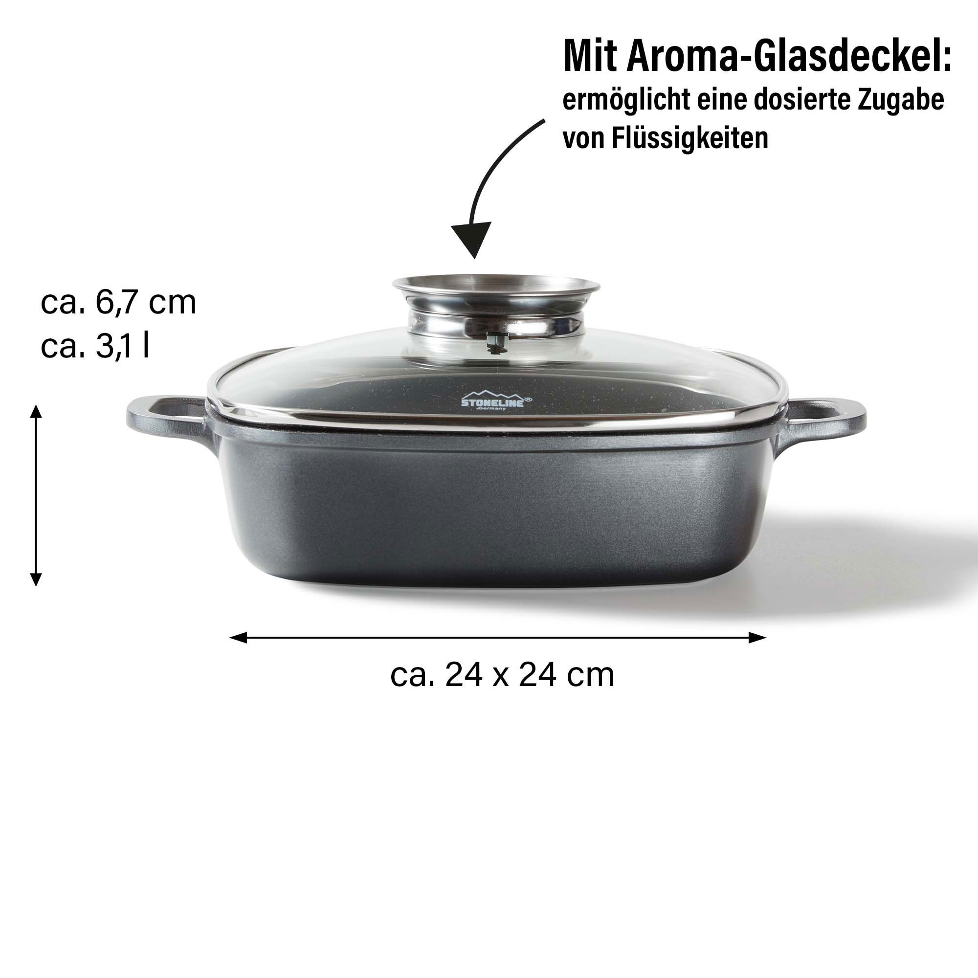 STONELINE® Servierpfanne 32 x 32 cm mit Aroma Glasdeckel, Eckpfanne antihaftbeschichtet, Induktion und backofengeeignet