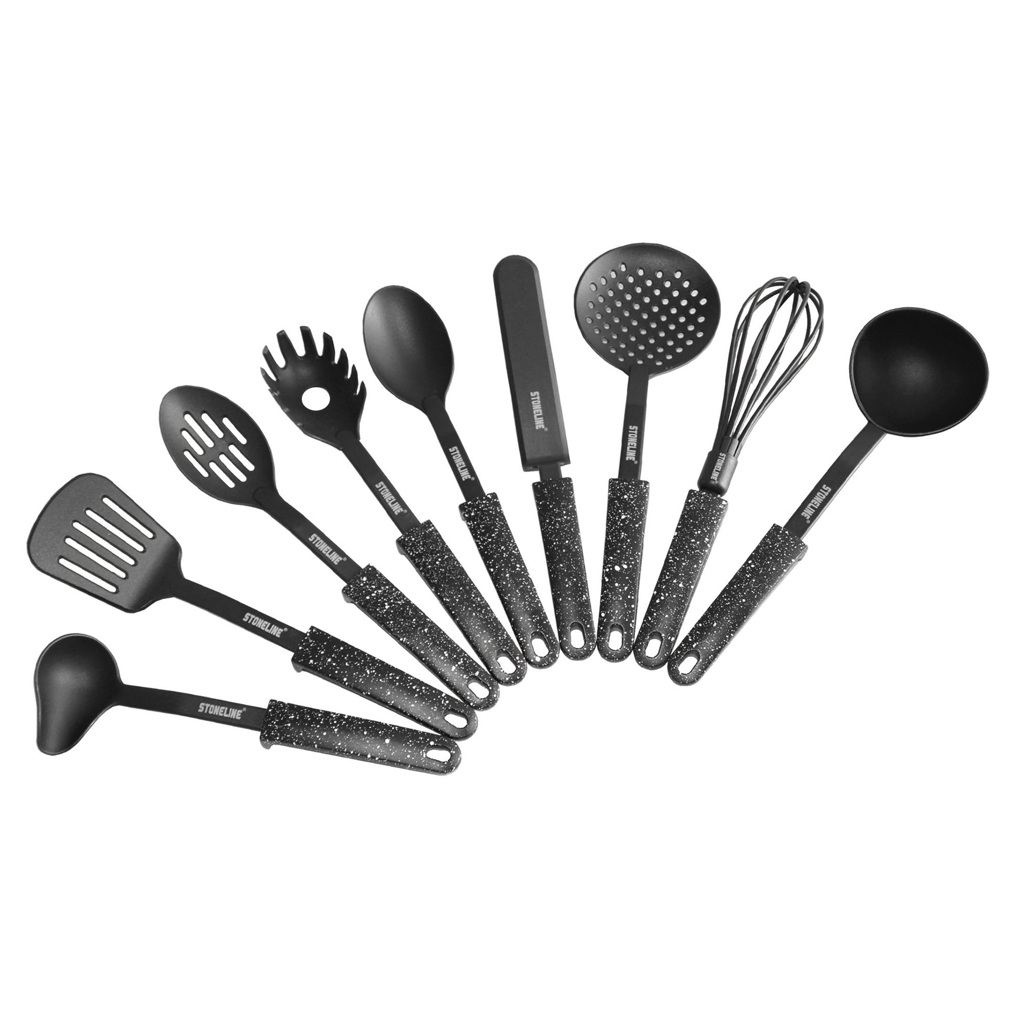 STONELINE® Juego de utensilios de cocina de 9 piezas, de plástico, con práctico soporte, para ollas antiadherentes