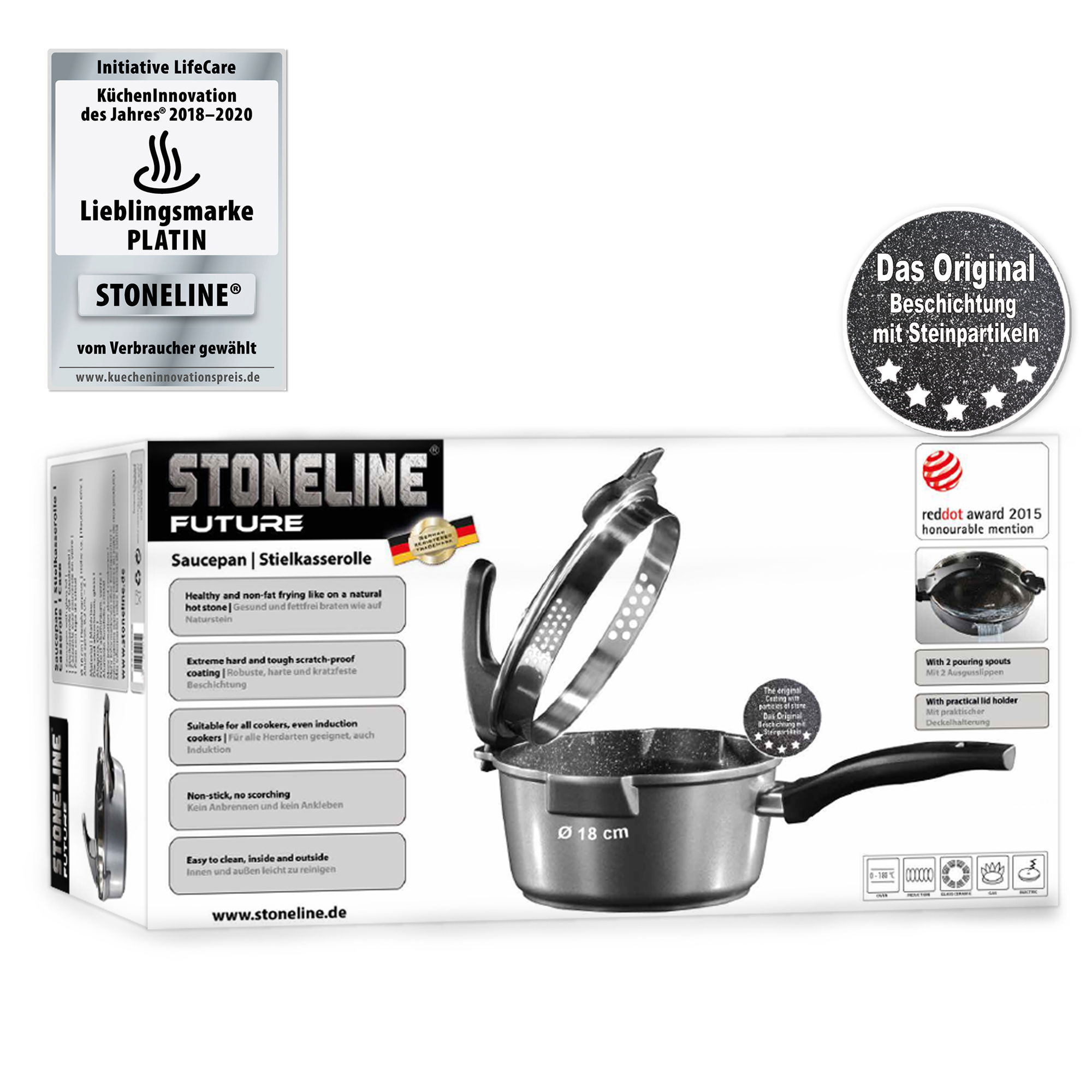 STONELINE® Saucepan 18 cm, Strainer Lid, 2 Spouts, Skillet, Non-Stick Pot | FUTURE