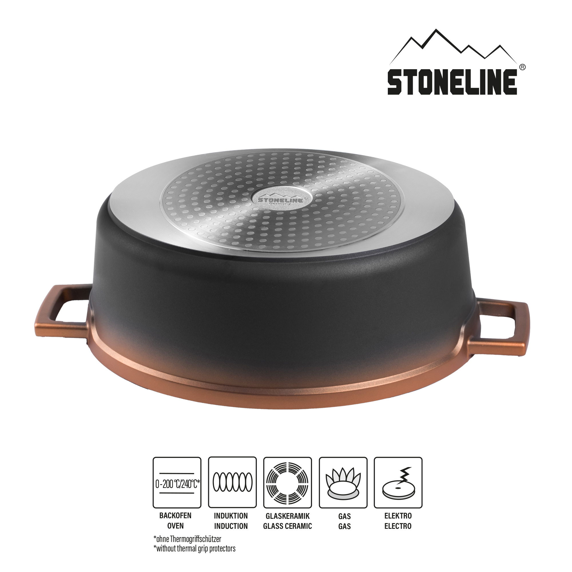 STONELINE® Roségold Gourmet Bräter 32x25 cm mit Deckel, Backofen und Induktion geeignet, Antihaft