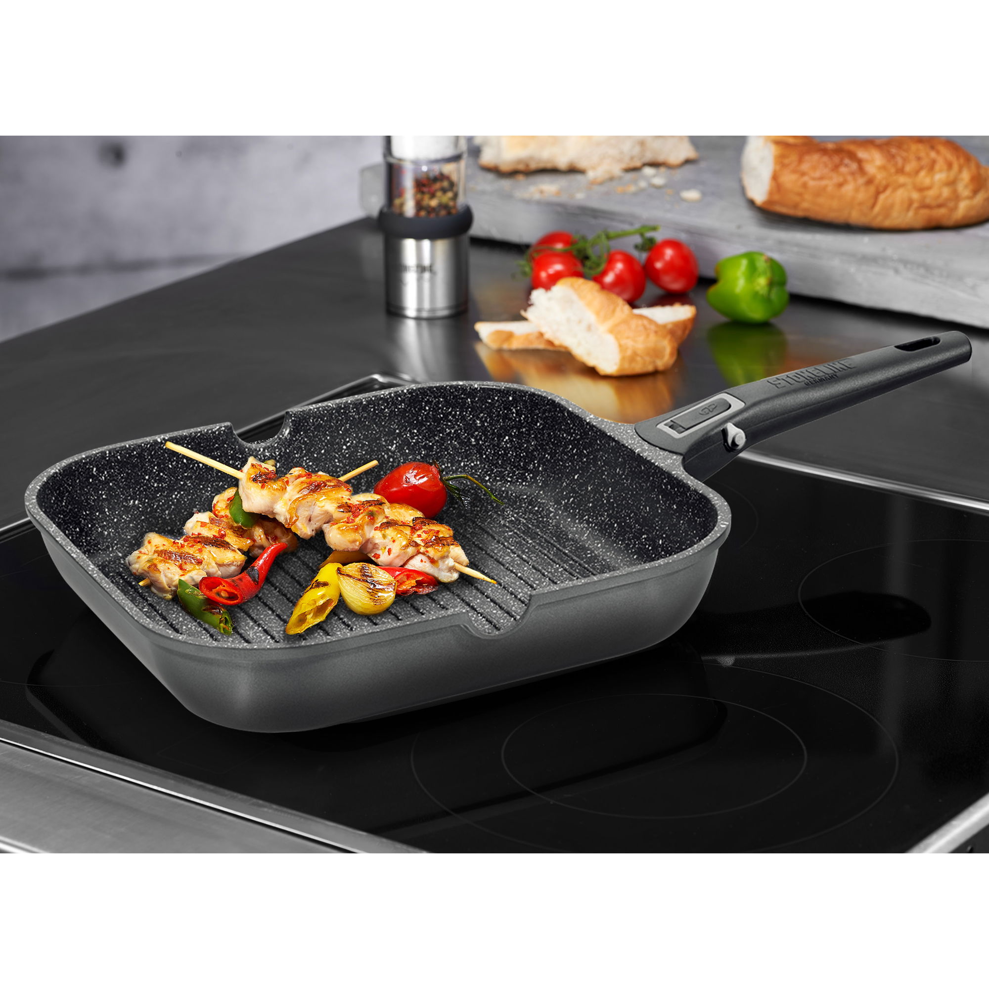 S·KITCHN Poêle à griller avec poignée pliable, poêle à griller antiadhésive  pour cuisinière, compatible avec l'induction, poêle à barbecue KBBQ avec  becs verseurs, poêle à barbecue carrée d'intérieur – 22,9 cm 