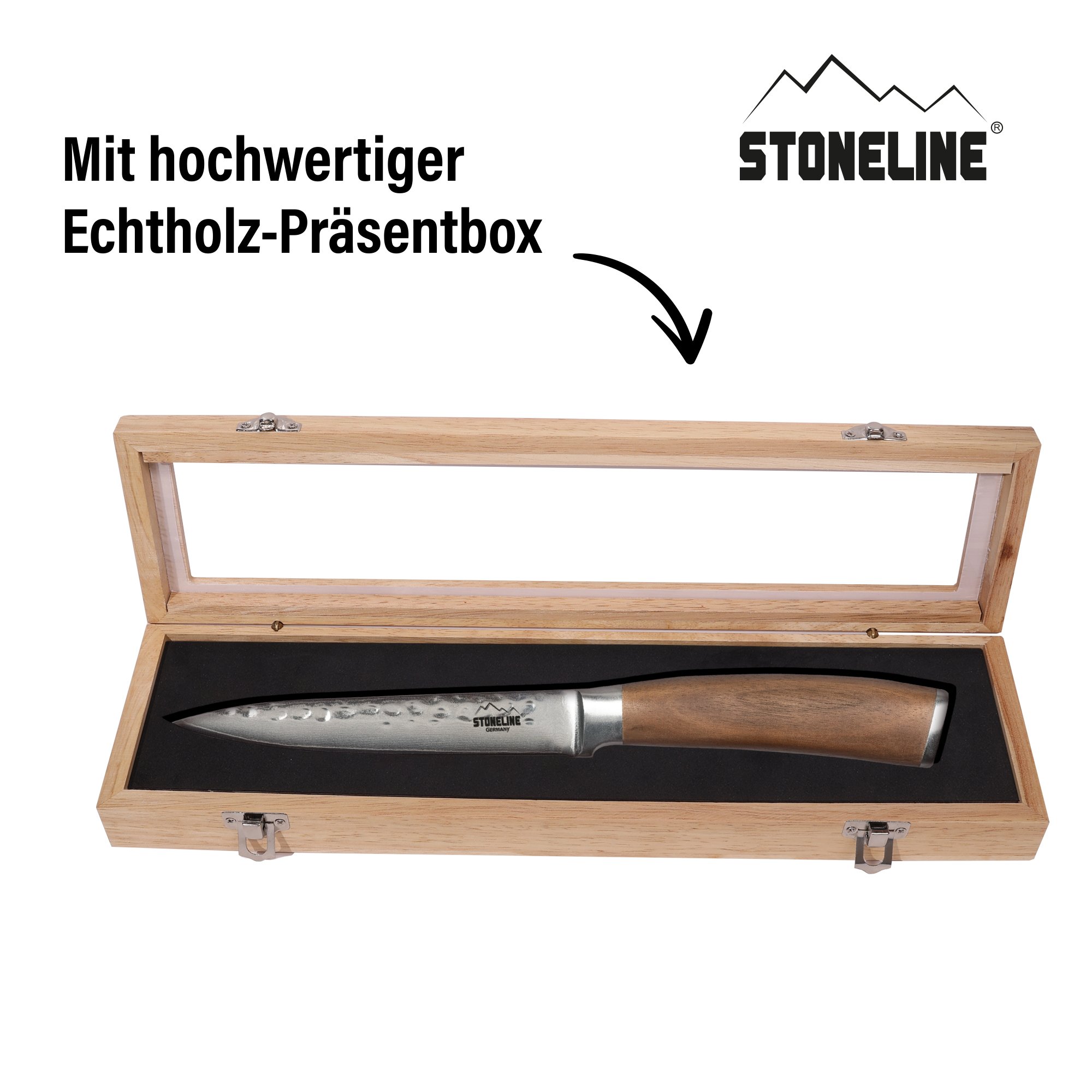 STONELINE® Damascus Steel All-Purpose Knife 24 cm, Hammered Knife, Wooden Storage Box