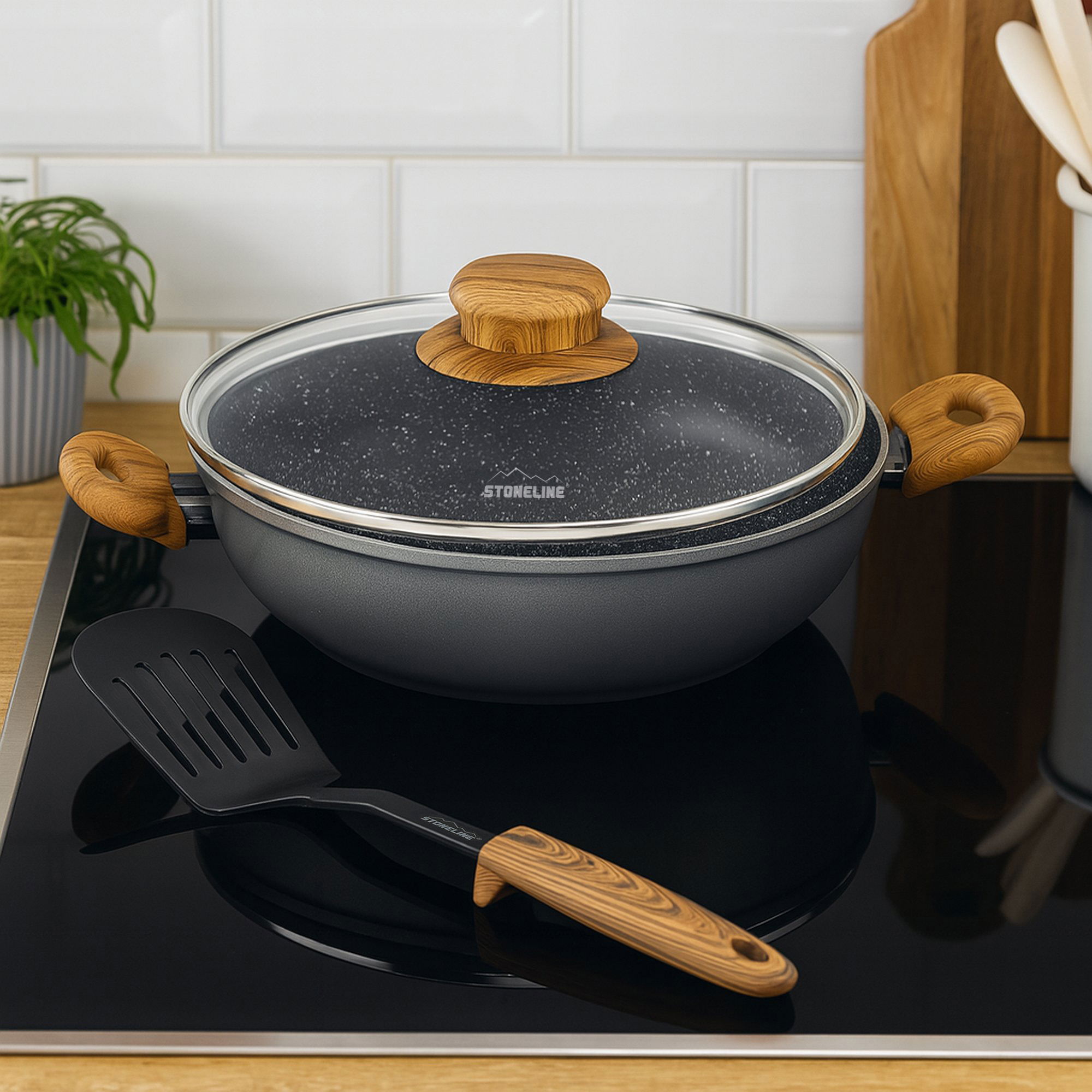 Sartén Honda 2 Asas 24 cm | con Tapa - Efecto Madera