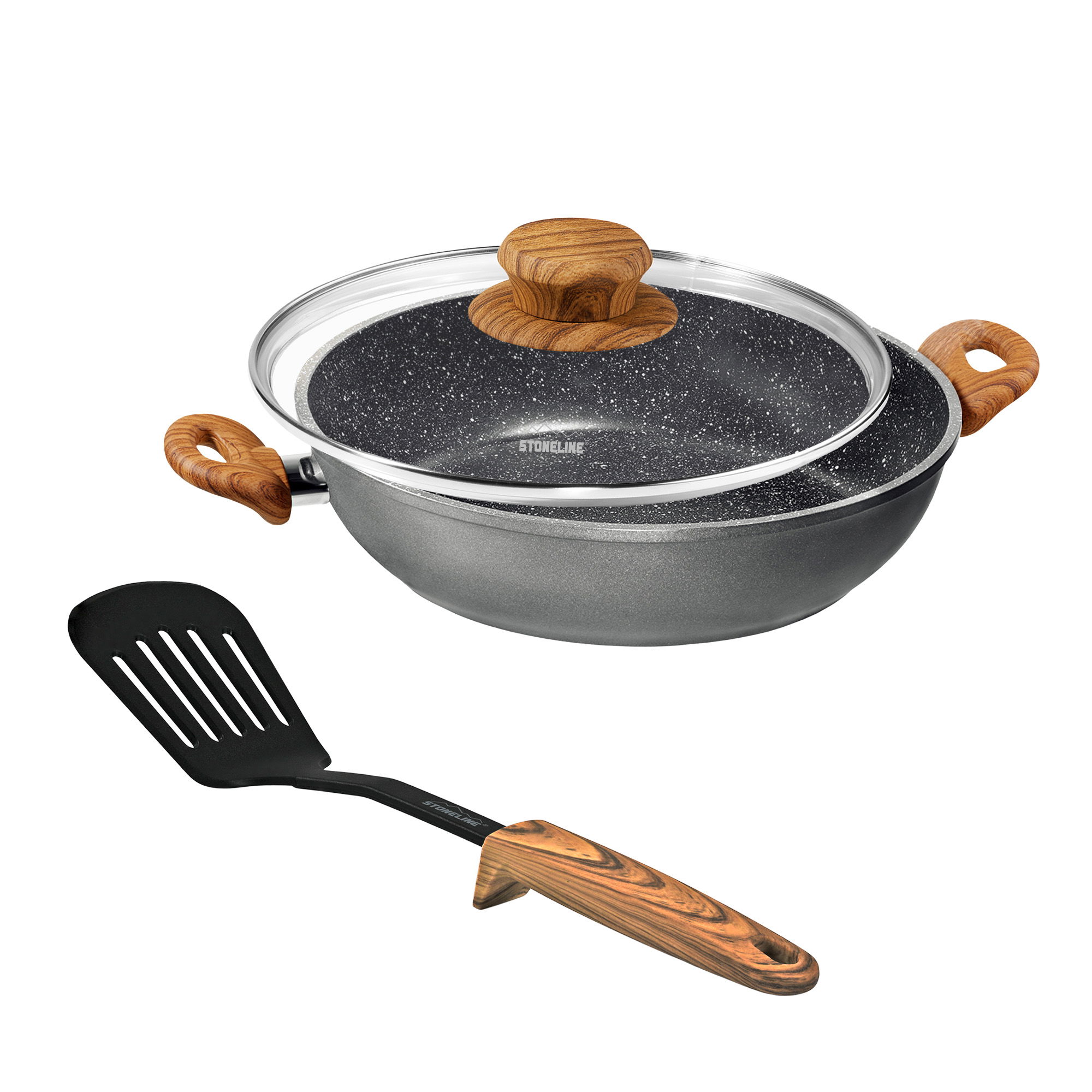 Poêle à servir sauteuse 24 cm | avec couvercle - Aspect bois