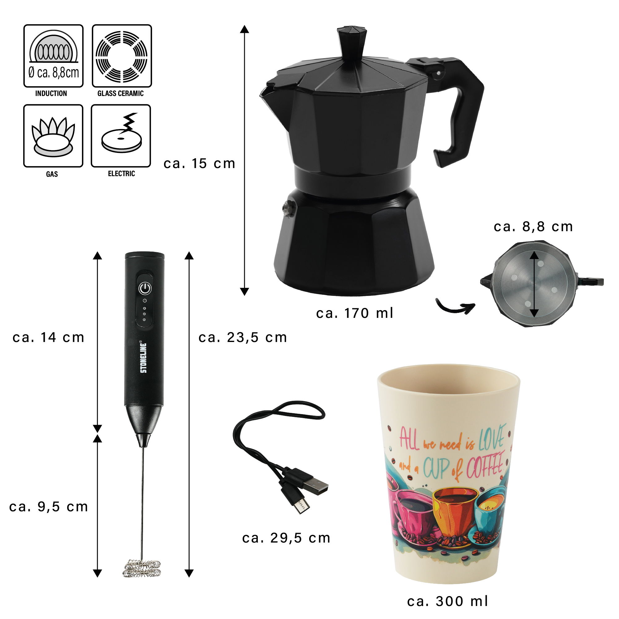 Stovetop Espresso Maker 170 ml Set of 4 | Black