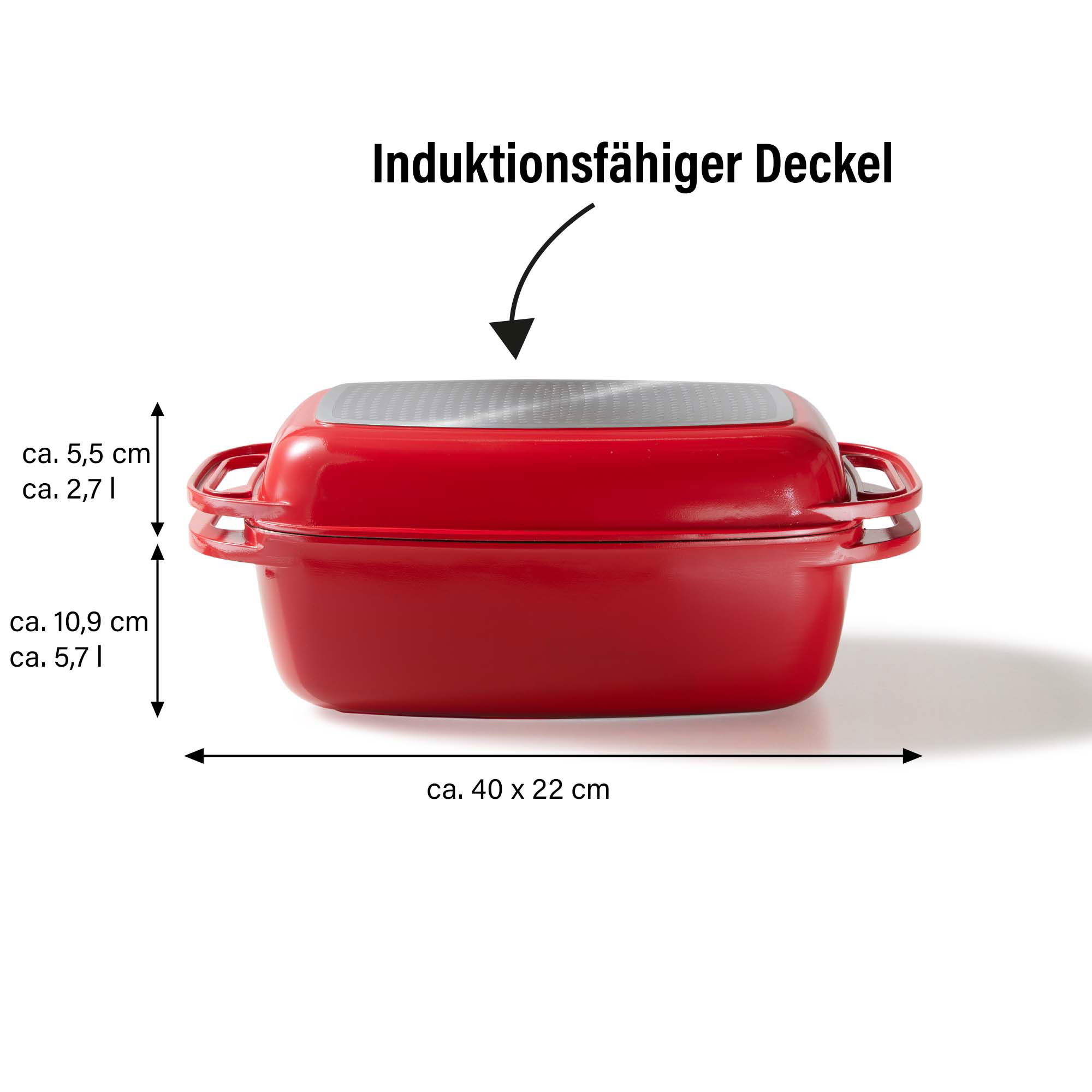 STONELINE® Cocotte à induction 40x22 cm, avec couvercle à induction, Antiadhésive, rouge