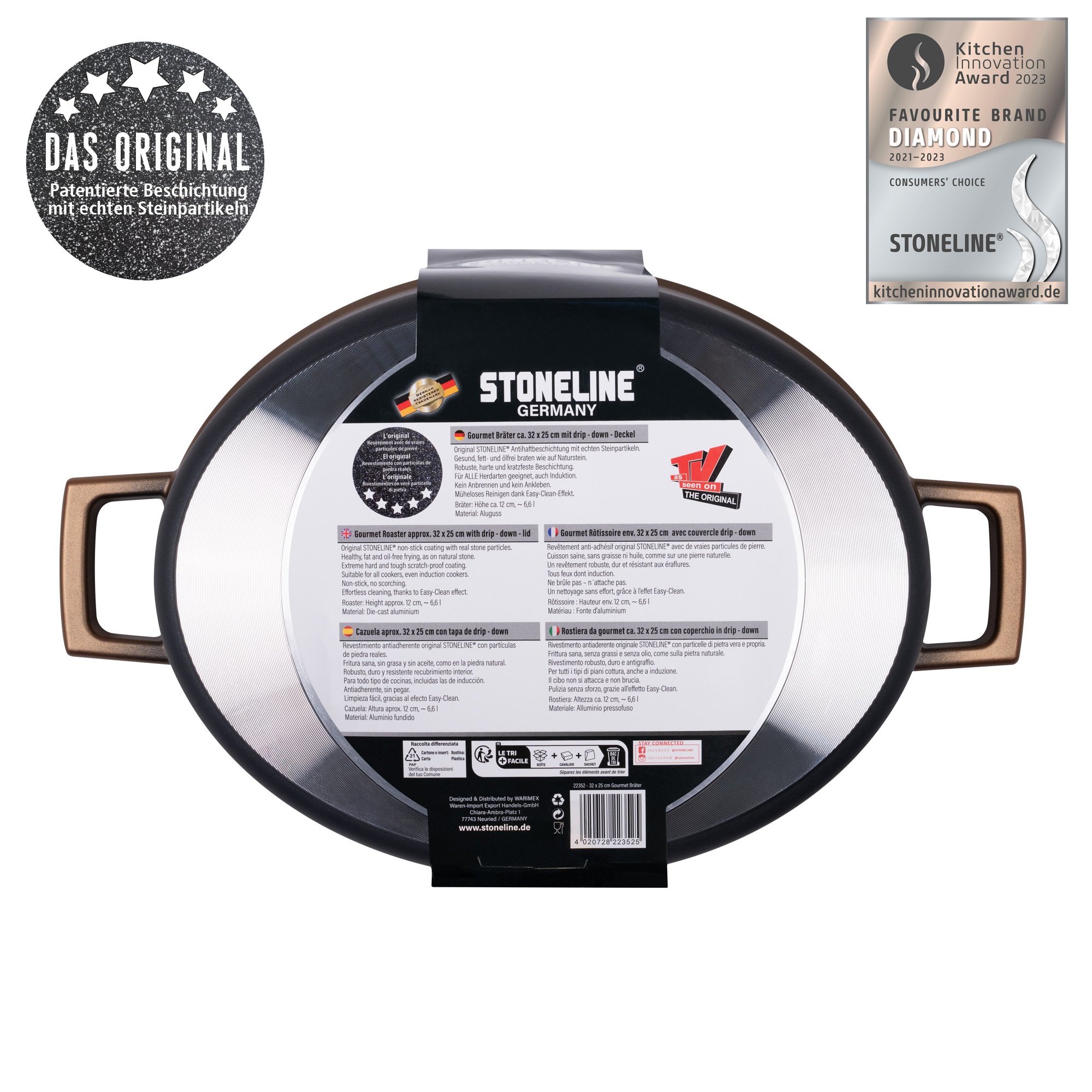 STONELINE® Roségold Gourmet asador 32x25 cm con tapa, apto para horno e inducción, antiadherente