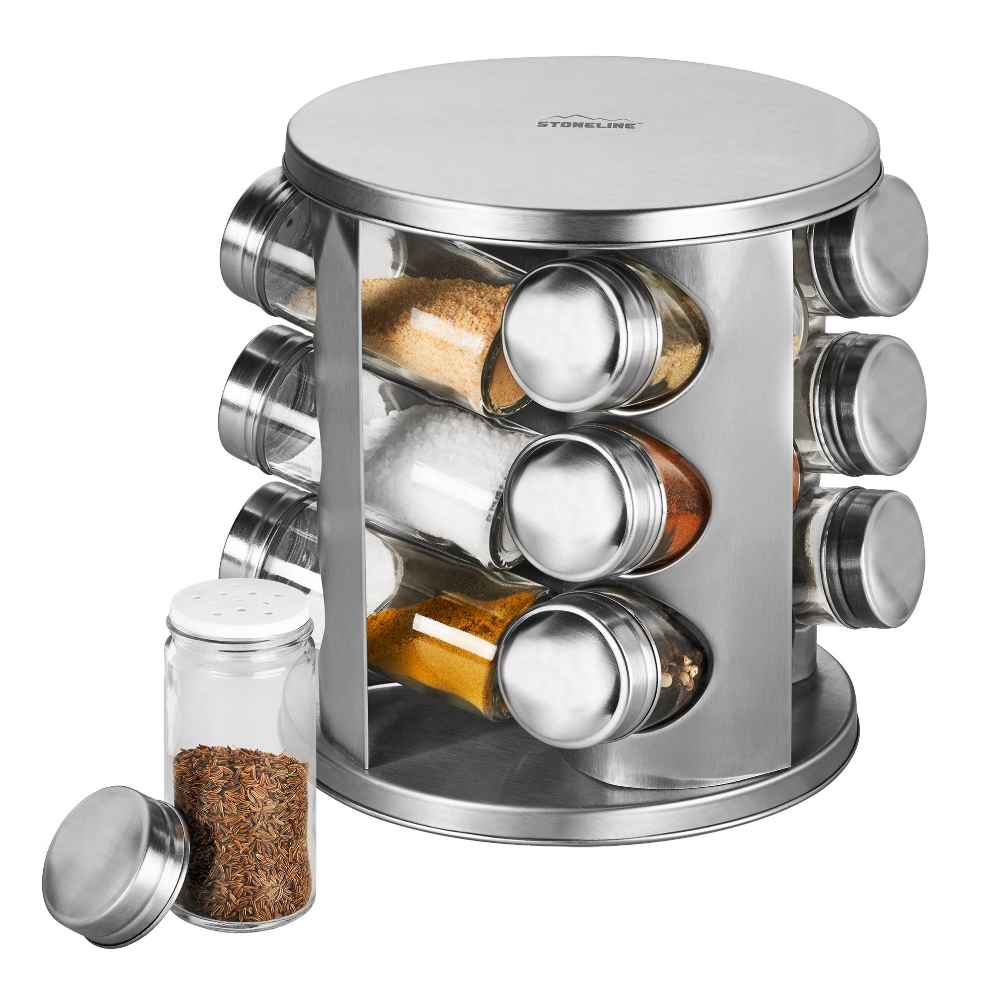 STONELINE® Rotating Spice Rack, with 12 Glass Jars and Labels | Kitchen Organizer