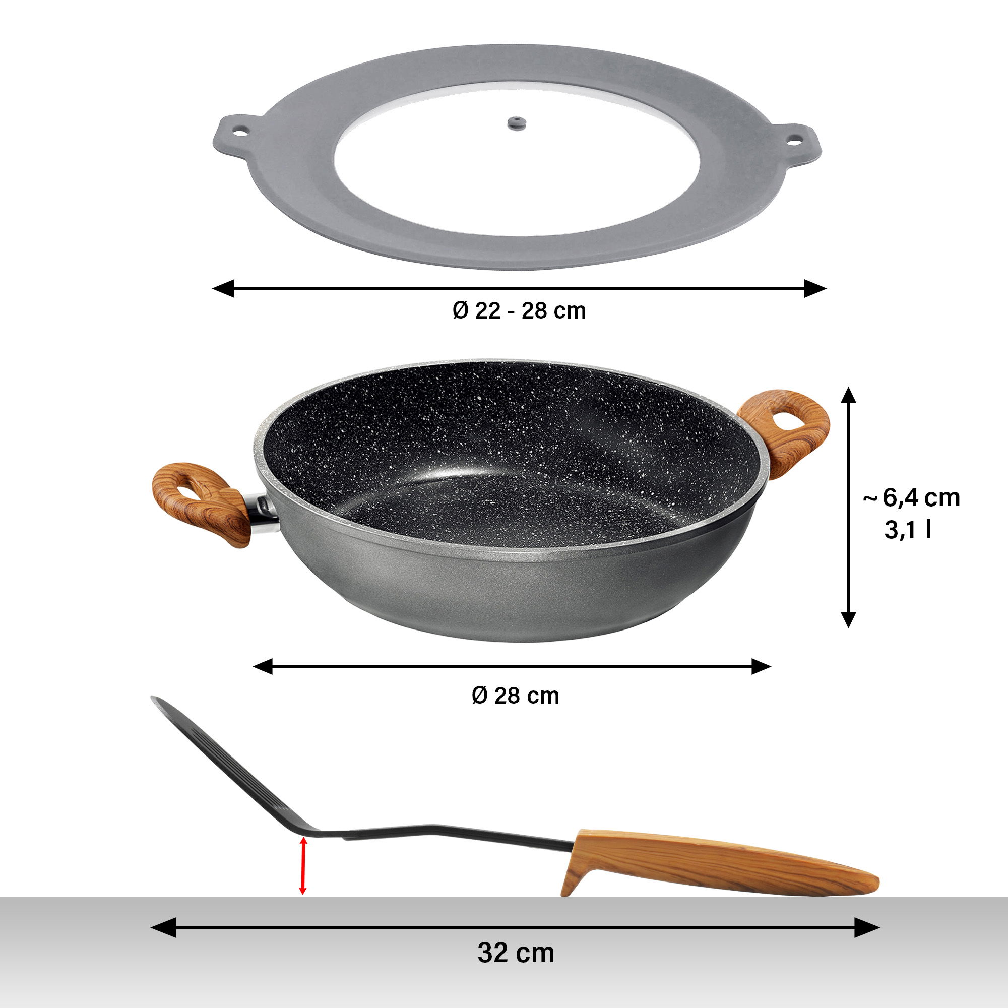 Tegame con Maniglie Padella Alta 28 cm | con Coperchio - Effetto Legno
