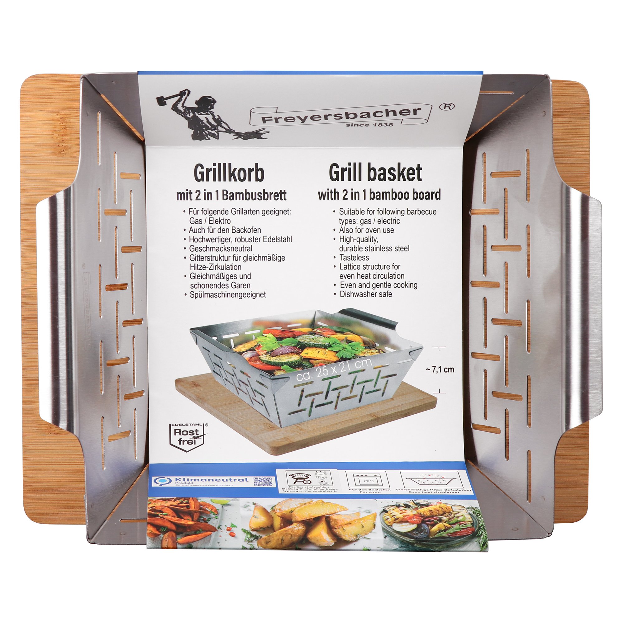Freyersbacher® Edelstahl-Grillkorb 25 x 21 cm mit Bambusbrett 2-in-1, geeignet für alle Arten von Grills