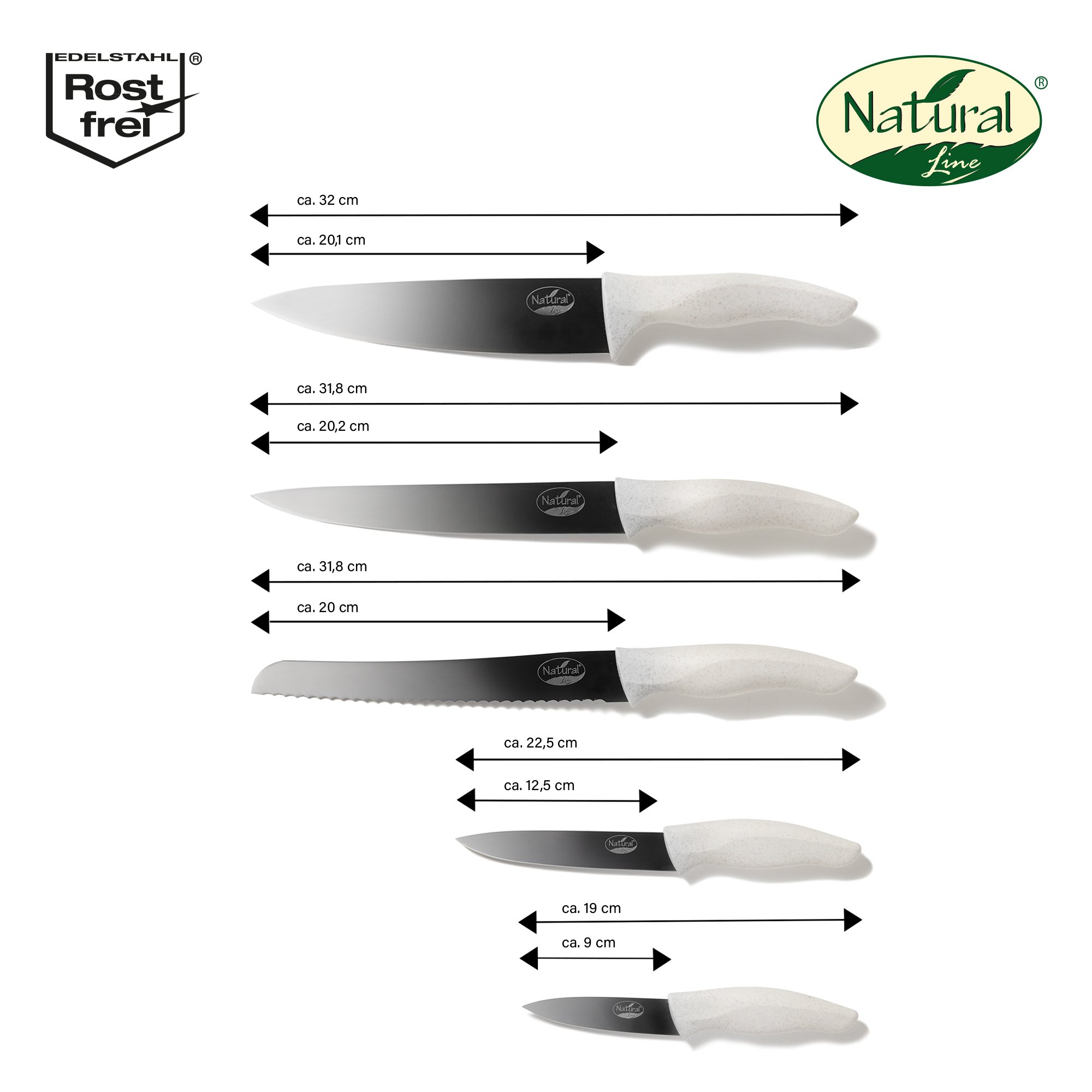 Natural Line® Set de couteaux en acier inoxydable, 5 pièces, avec bloc de couteaux magnétique pliable, avec poignées en paille