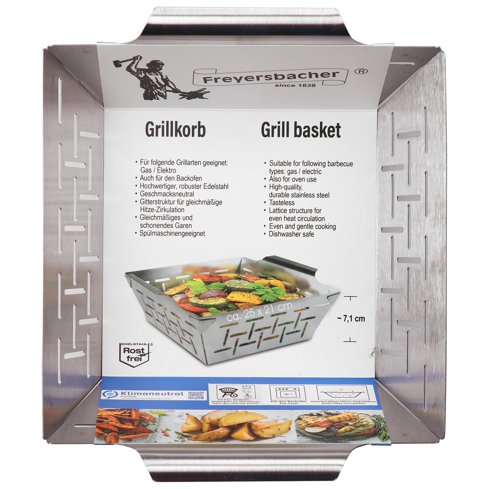 Freyersbacher® Grillkorb aus Edelstahl 24,9 x 21 cm, Gemüse und Fleisch Grillschale, Geeignet für alle Arten von Grills 