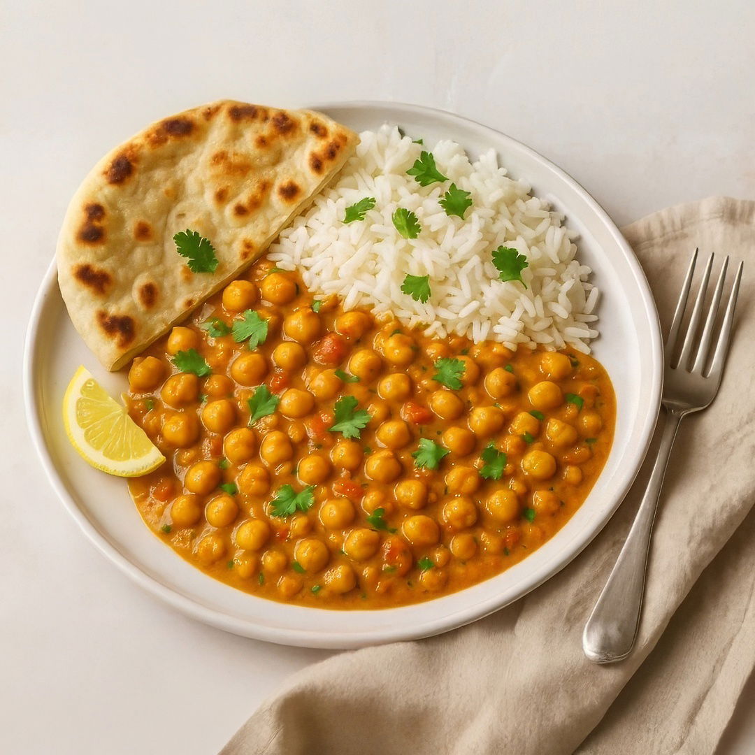 Vegan Chickpea Curry with Rice and Flatbread – A Healthy and Flavorful One Pot Dish🌱