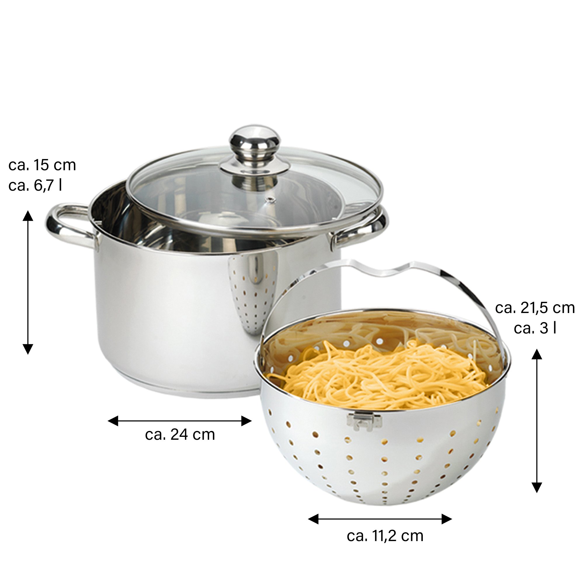 BEYOND® Stainless steel pasta pot 24 cm, frying pot with glass lid and removable strainer insert, induction