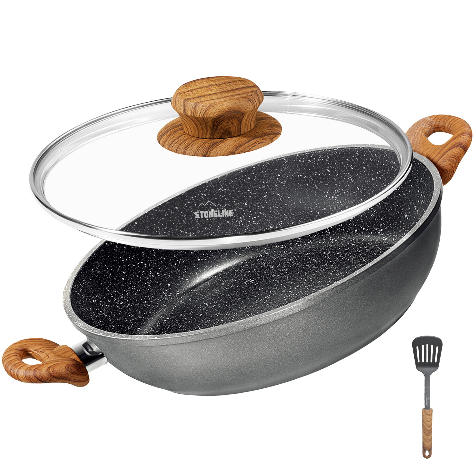 Sartén Honda 2 Asas 24 cm | con Tapa - Efecto Madera