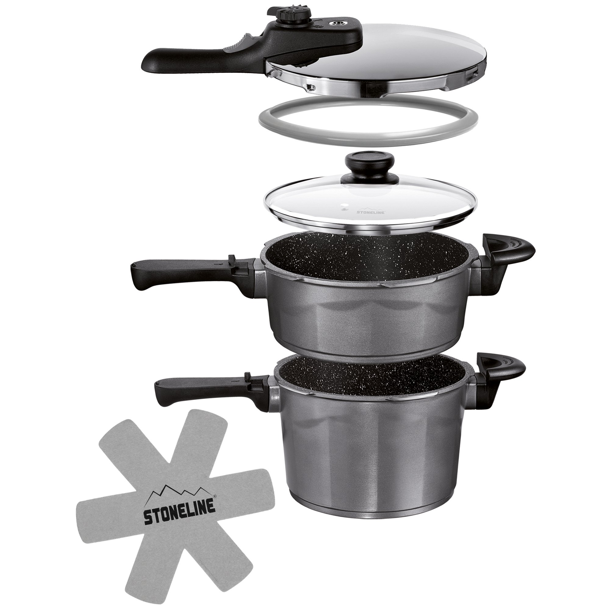 STONELINE® 6 pc Pressure Cooker Set 3 + 5 L, with Lids, Non-Stick Pot, Cast Aluminium