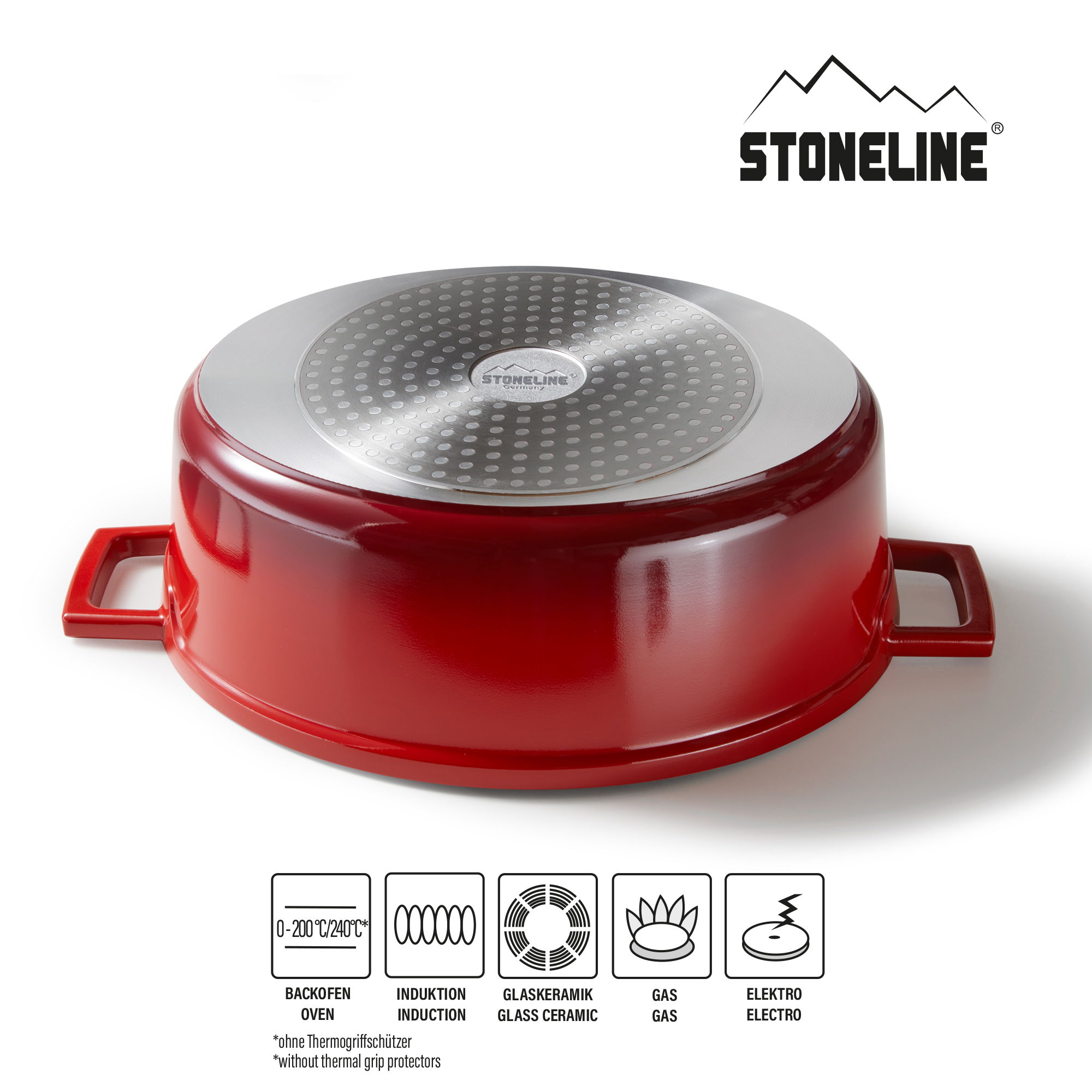 STONELINE® Cazuela Ovalada 32 cm Aluminio Fundido, Olla Cocotte, Tapa | Cereza