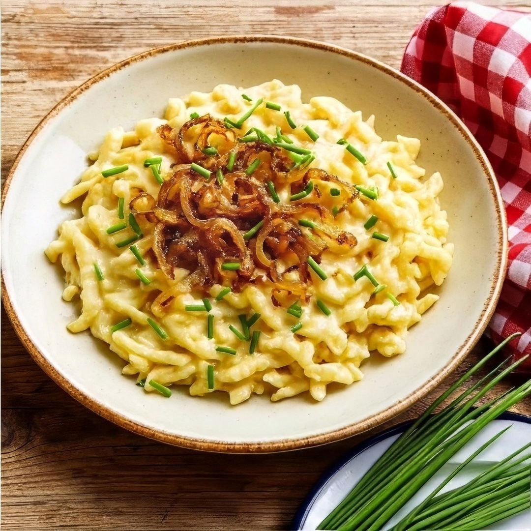 Spätzle crémeuses au fromage avec oignons frits et ciboulette – Un plat savoureux et rapide !