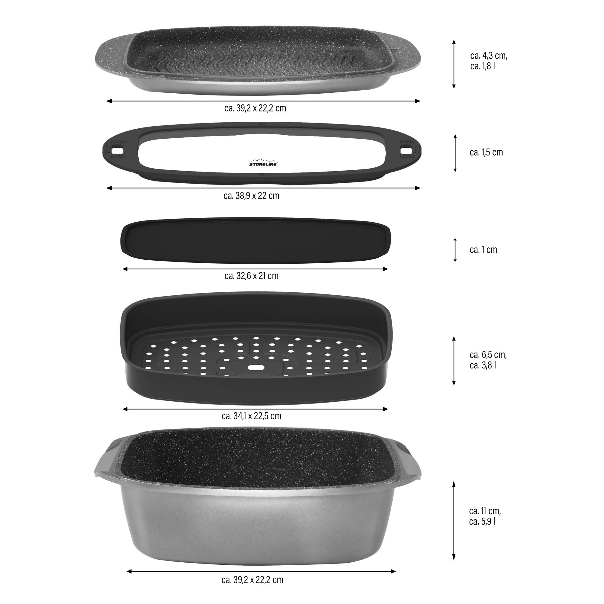 Bräter und Back Set 5-teilig 39x22 cm | mit Deckeln