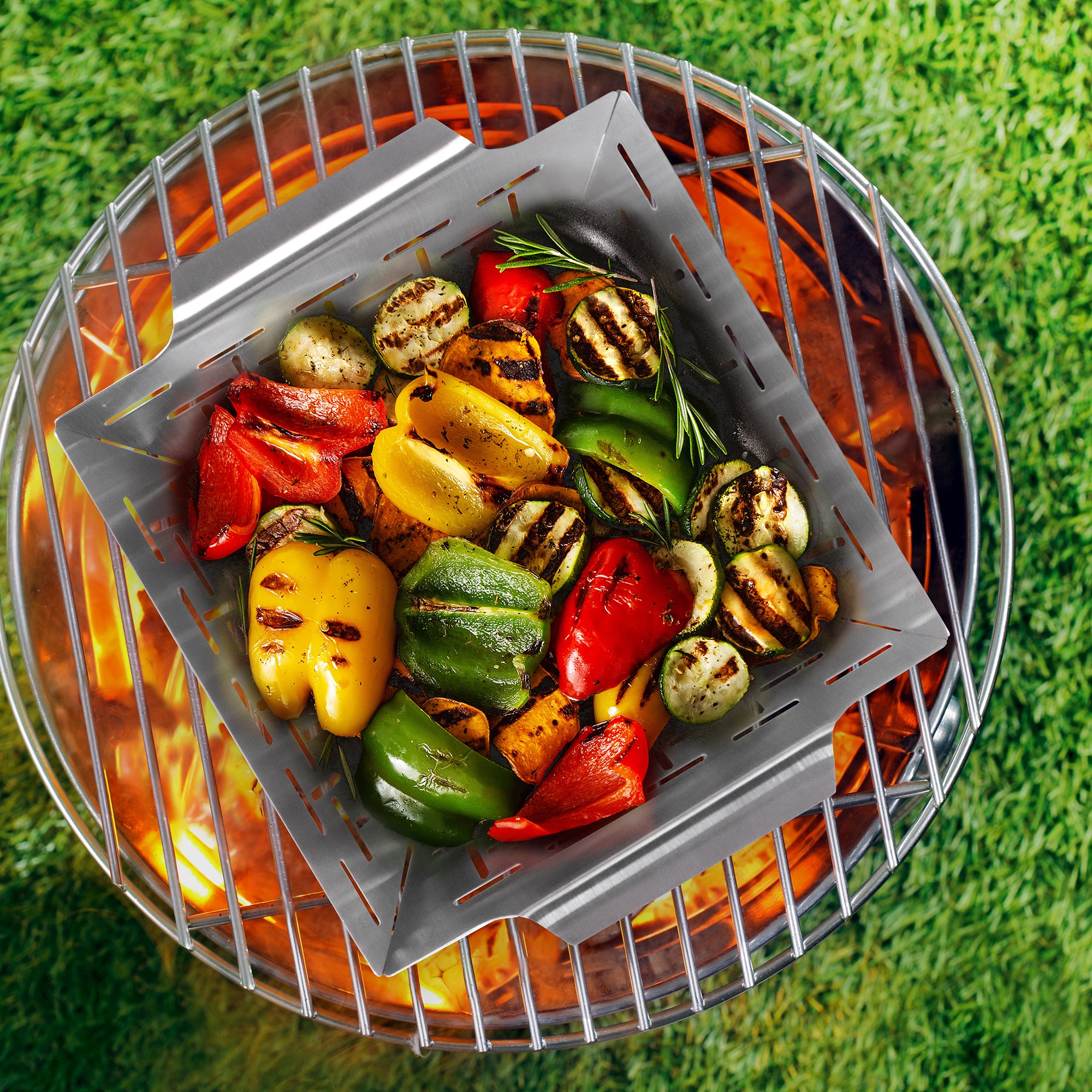 Freyersbacher® Panier à barbecue en acier inoxydable 24,9 x 21 cm, Barquette à légumes et à viande, Convient à tous les types de grills 