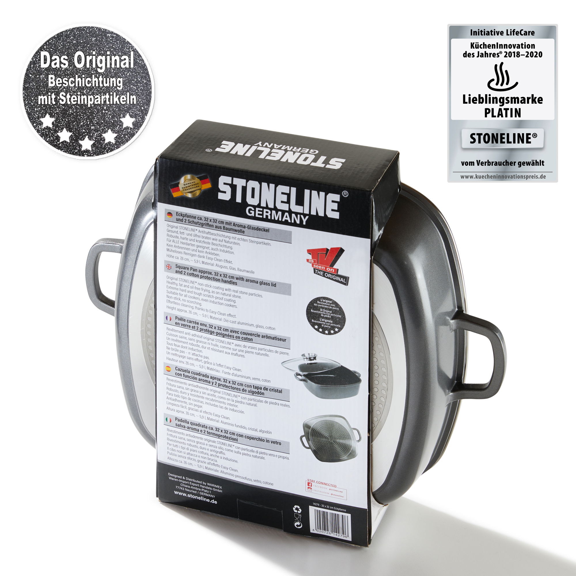 STONELINE® Casseruola Quadrata 32 cm, Coperchio Salva-Aroma, Pentola Antiaderente