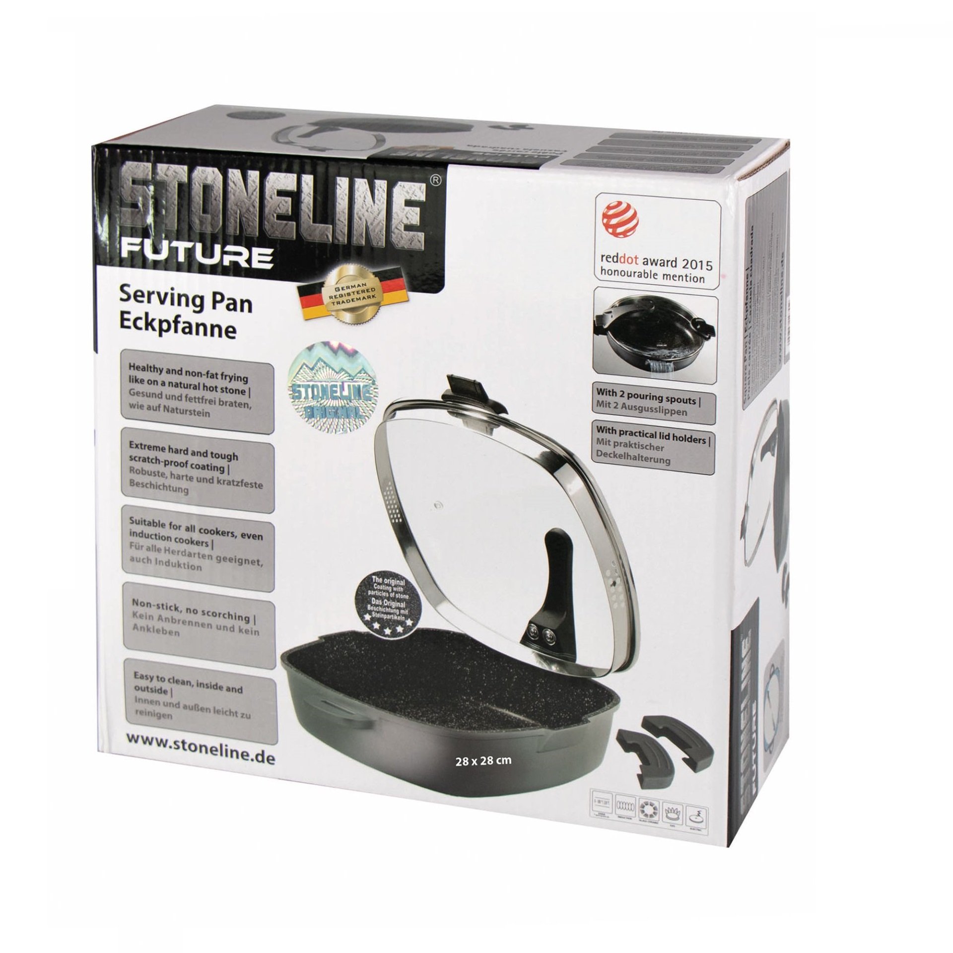 STONELINE® Square Serving Pan 28 cm, Strainer Lid, 2 Spouts, Non-Stick Pan | FUTURE