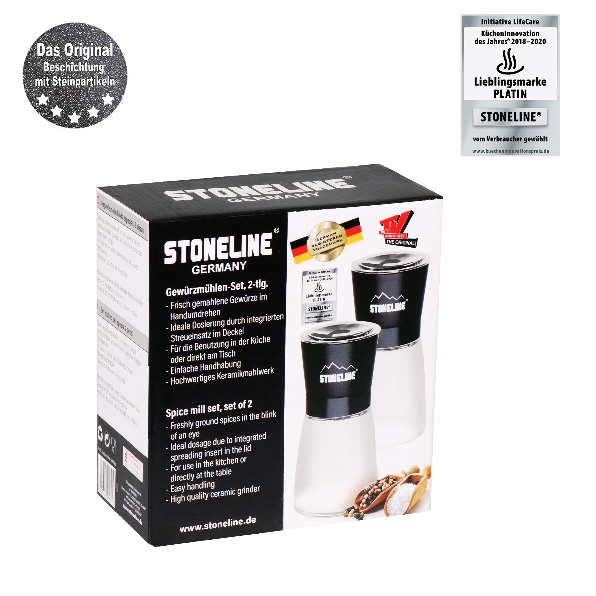STONELINE® 2 pc Salt and Pepper Mill Set, Adjustable Ceramic Grinder, Refillable