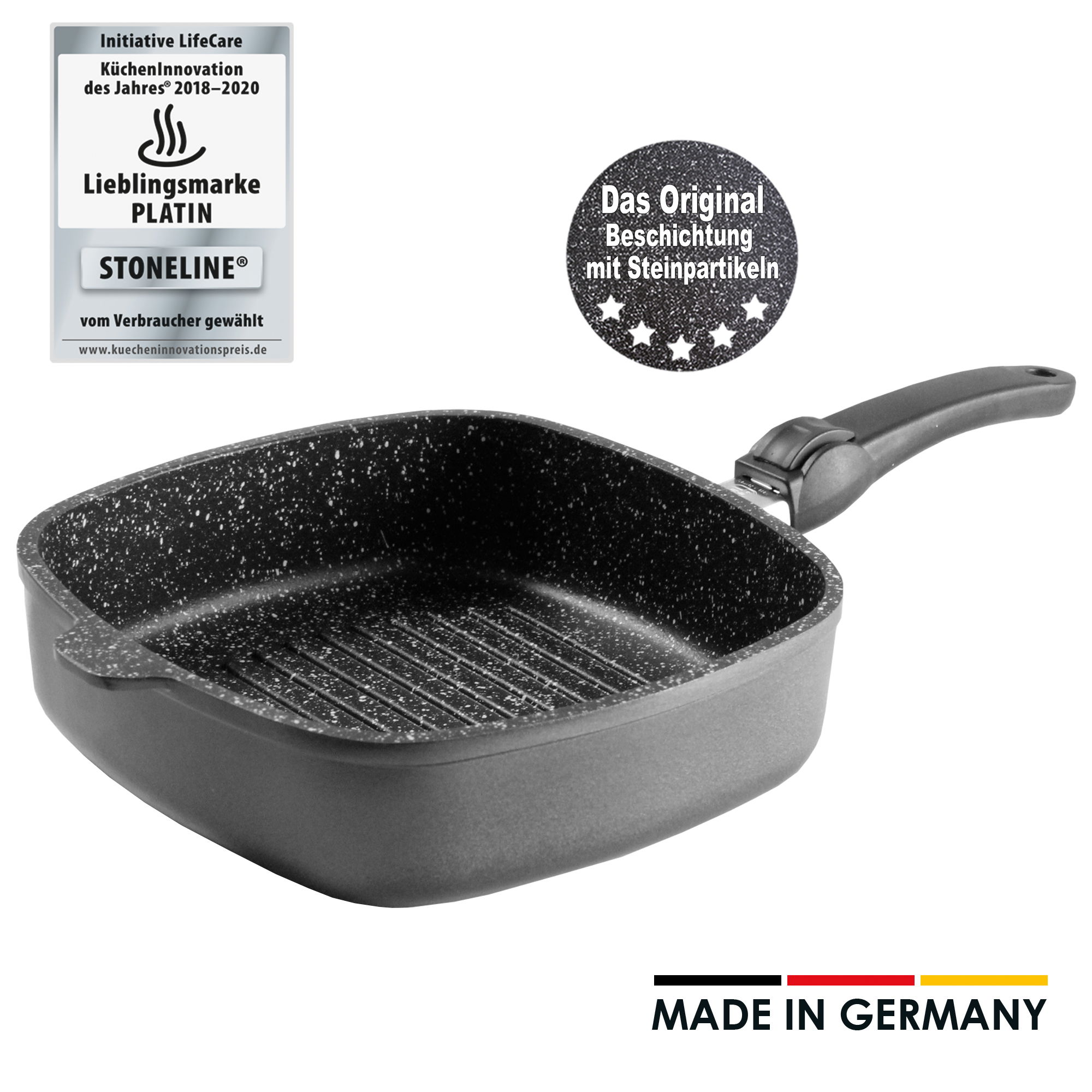 STONELINE® Made in Germany Grillpfanne, 26 x 26 cm, Kokillenguss, mit abnehmbarem Griff