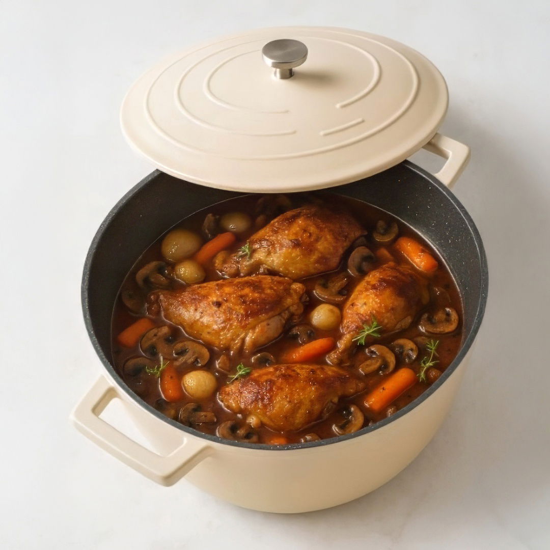 Coq au Vin – Poulet au vin rouge avec oignons perlés et champignons