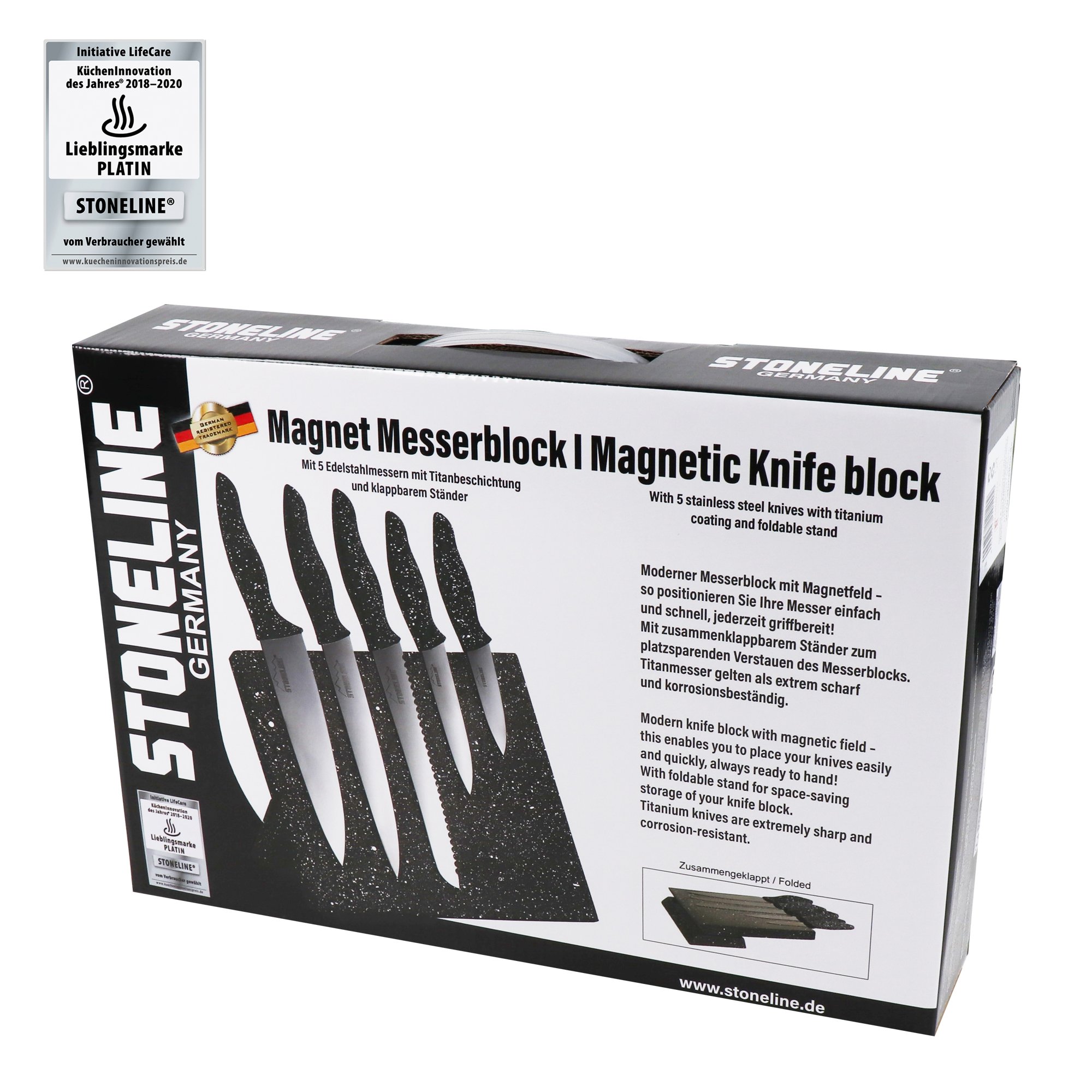 STONELINE® Edelstahl-Messer-Set, 5-tlg., mit Magnet-Messerblock, mit klappbarem Ständer