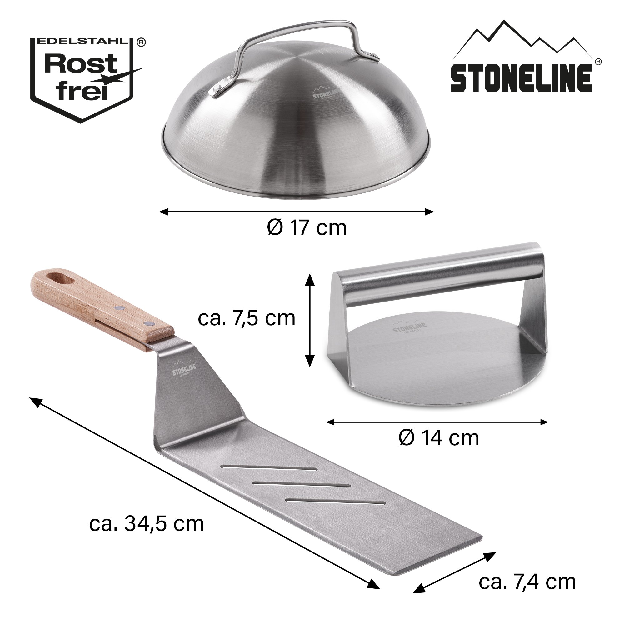 STONELINE® 3 pc Smash Burger Set, Burger Press, Spatula, Melting Dome Stainless Steel